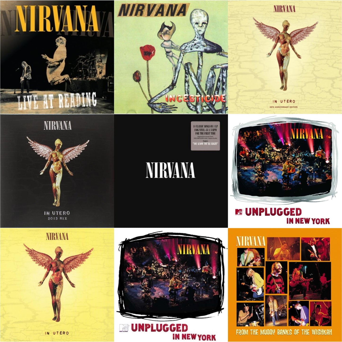 This is a 9 LP Vinyl SKU bundle.
1.This LP Vinyl is brand new.Format: LP VinylMusic Style: EurodanceThis item's title is: Live At ReadingArtist: NirvanaLabel: GEFFENBarcode: 602527212173Release Date: 12/21/2009
2.This LP Vinyl is brand new.