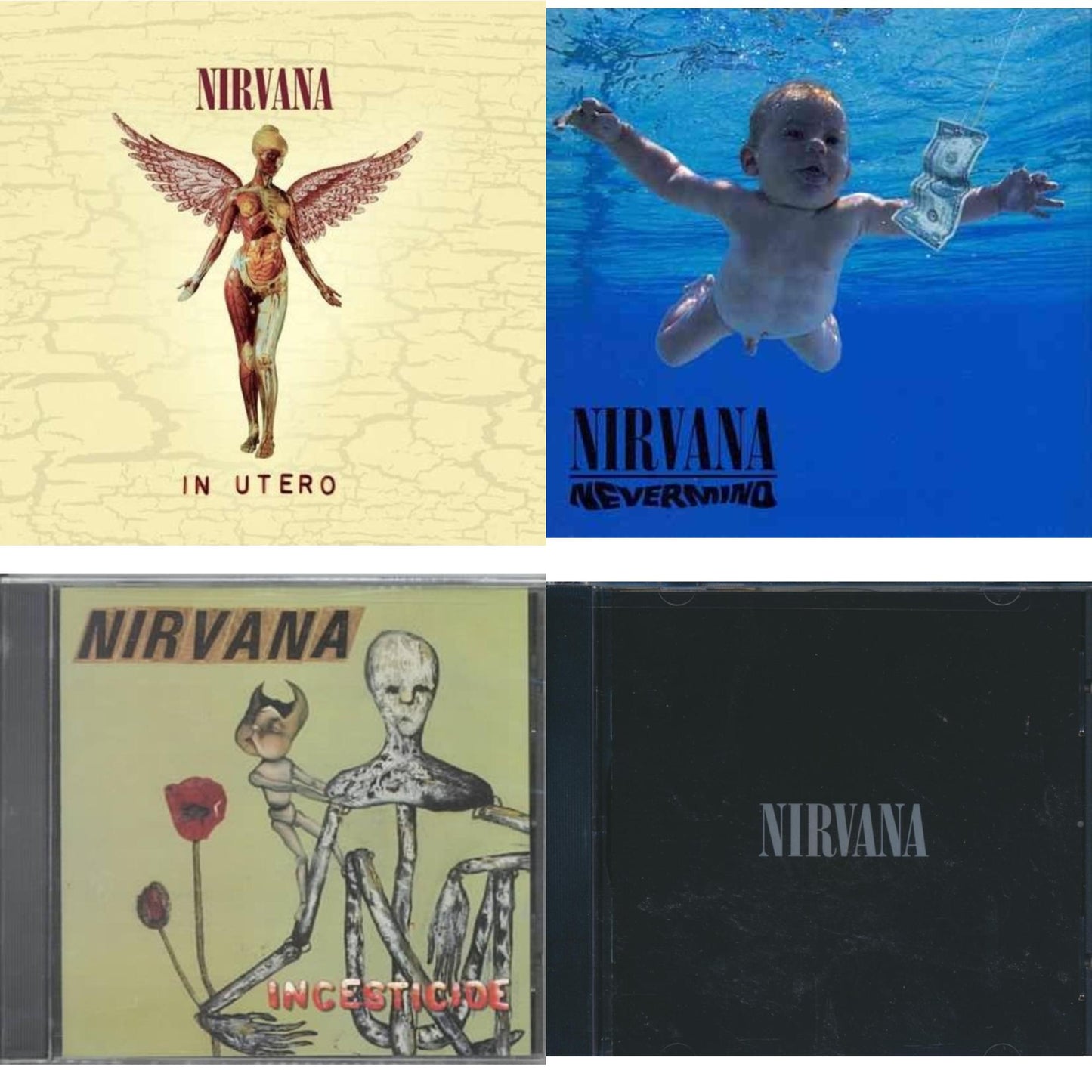 This is a 4 CD SKU bundle.
1.This CD is brand new.Format: CDMusic Style: GrungeThis item's title is: NevermindArtist: NirvanaLabel: GEFFENBarcode: 602527779089Release Date: 9/27/2011
2.This CD is brand new.