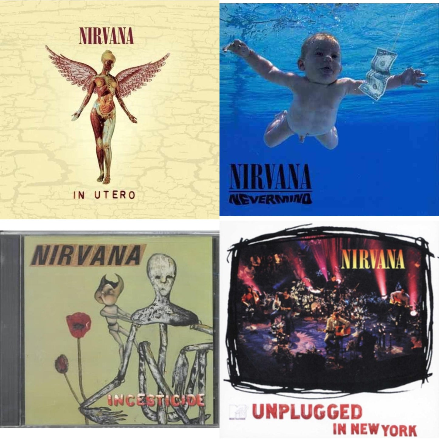 This is a 4 CD SKU bundle.
1.This CD is brand new.Format: CDMusic Style: GrungeThis item's title is: NevermindArtist: NirvanaLabel: GEFFENBarcode: 602527779089Release Date: 9/27/2011
2.This CD is brand new.