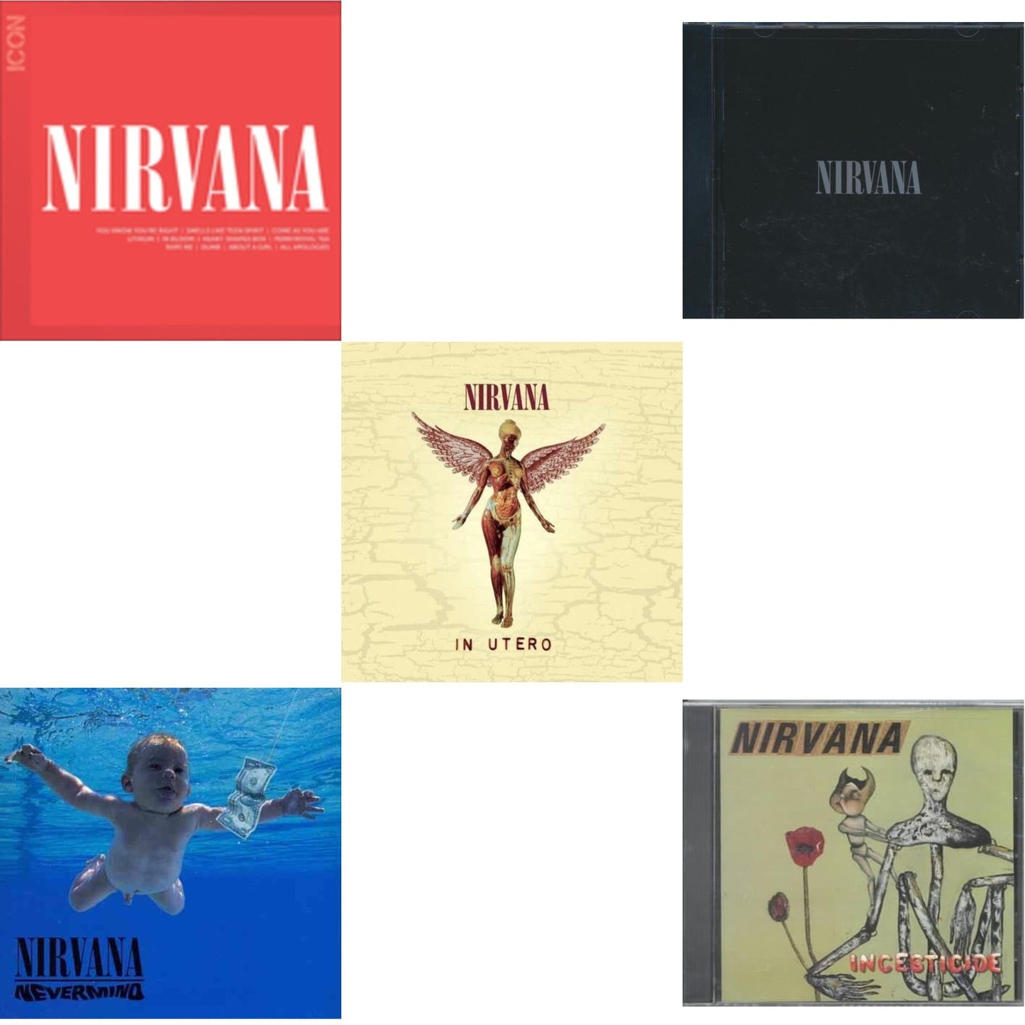 This is a 5 CD SKU bundle.
1.This CD is brand new.Format: CDMusic Style: GrungeThis item's title is: IconArtist: NirvanaLabel: GEFFENBarcode: 602527473260Release Date: 8/31/2010
2.This CD is brand new.