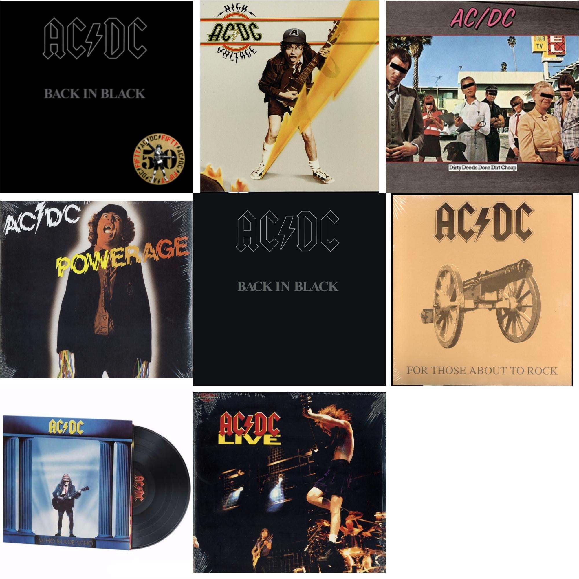 Back In Black (Gold Metallic LP Vinyl) & High Voltage (180G) & Dirty Deeds Done Dirt Cheap (180G) & Powerage (180G) & Back In Black (180G) & For Those About To Rock (180G) & Who Made Who (180G) & Live (2LP/180G)
