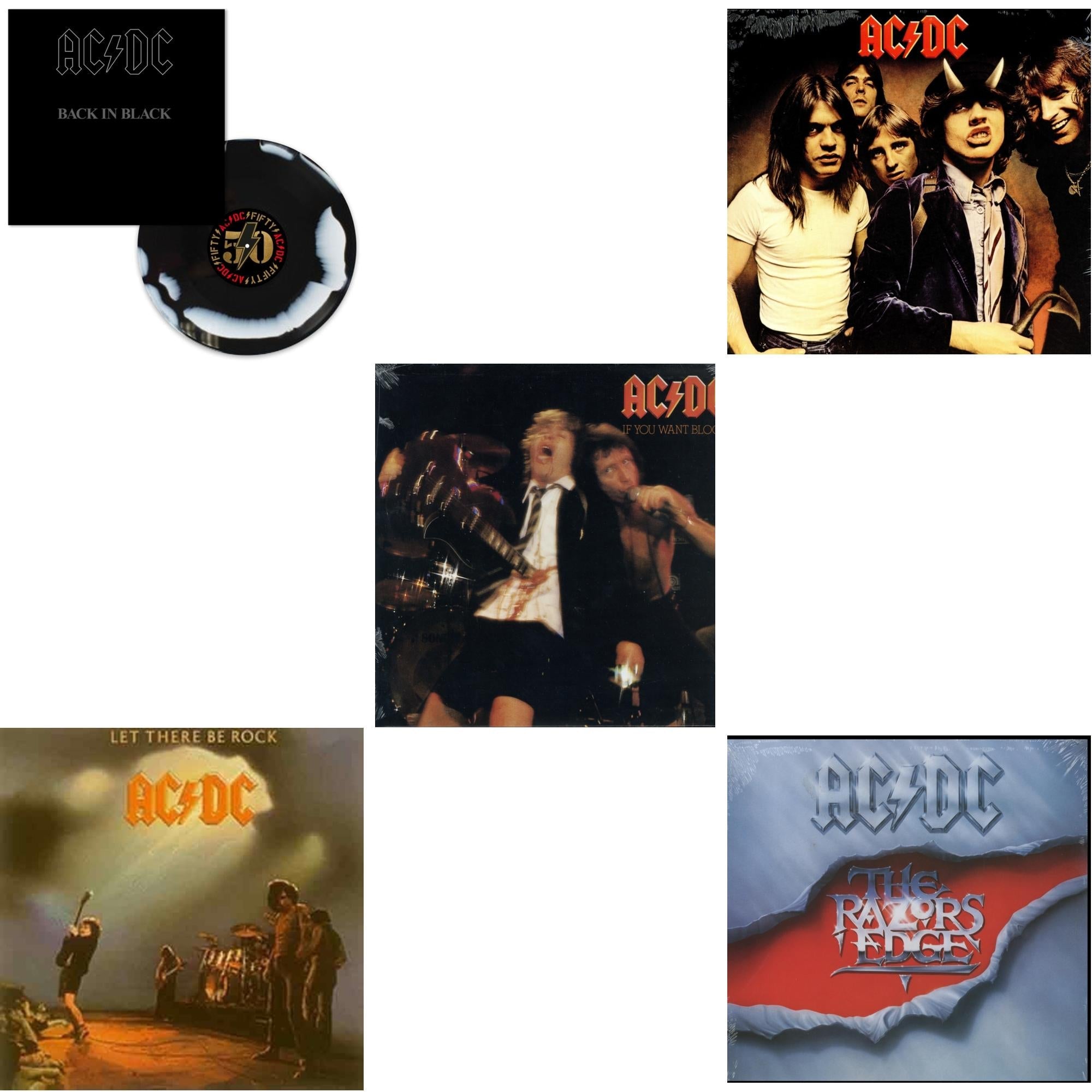 Back In Black (Black/White Blend LP Vinyl) & Let There Be Rock (180G) & If You Want Blood You've Got It (180G) & Highway To Hell (180G) & Razor’S Edge (180G)