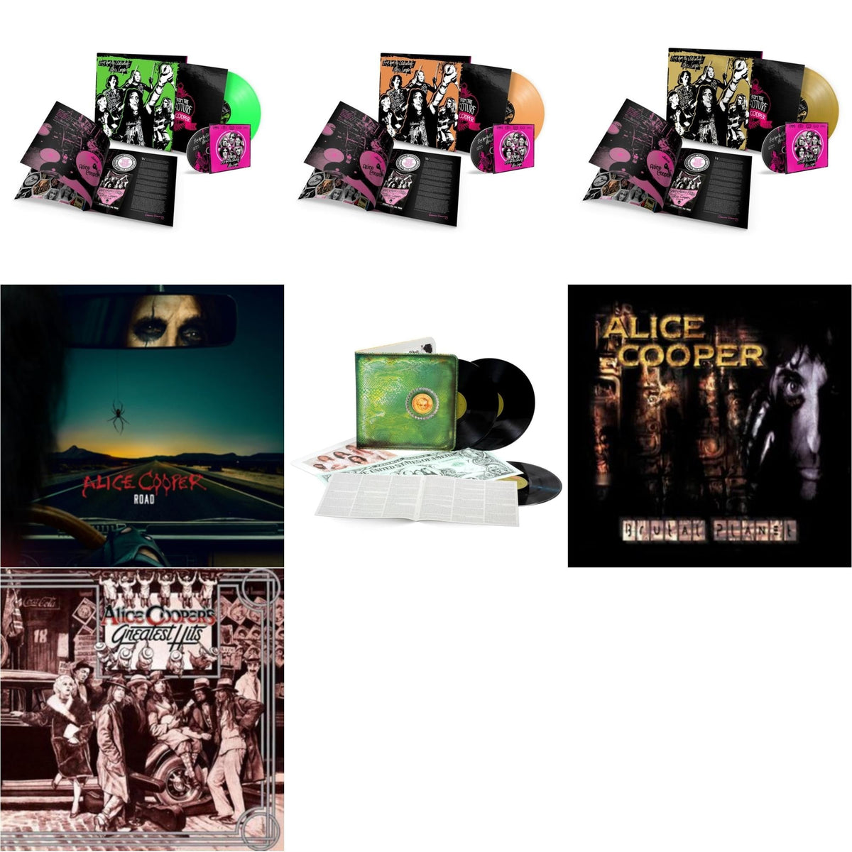 Alice Cooper - Live From The Astroturf (Glow-In-The-Dark LP Vinyl/DVD) & Live From The Astroturf (Apricoot LP Vinyl/DVD) & Live From The Astroturf (Gold LP Vinyl/DVD) & Road (Orange Marbled Vinyl/2LP/DVD) & Billion Dollar Babies (50Th