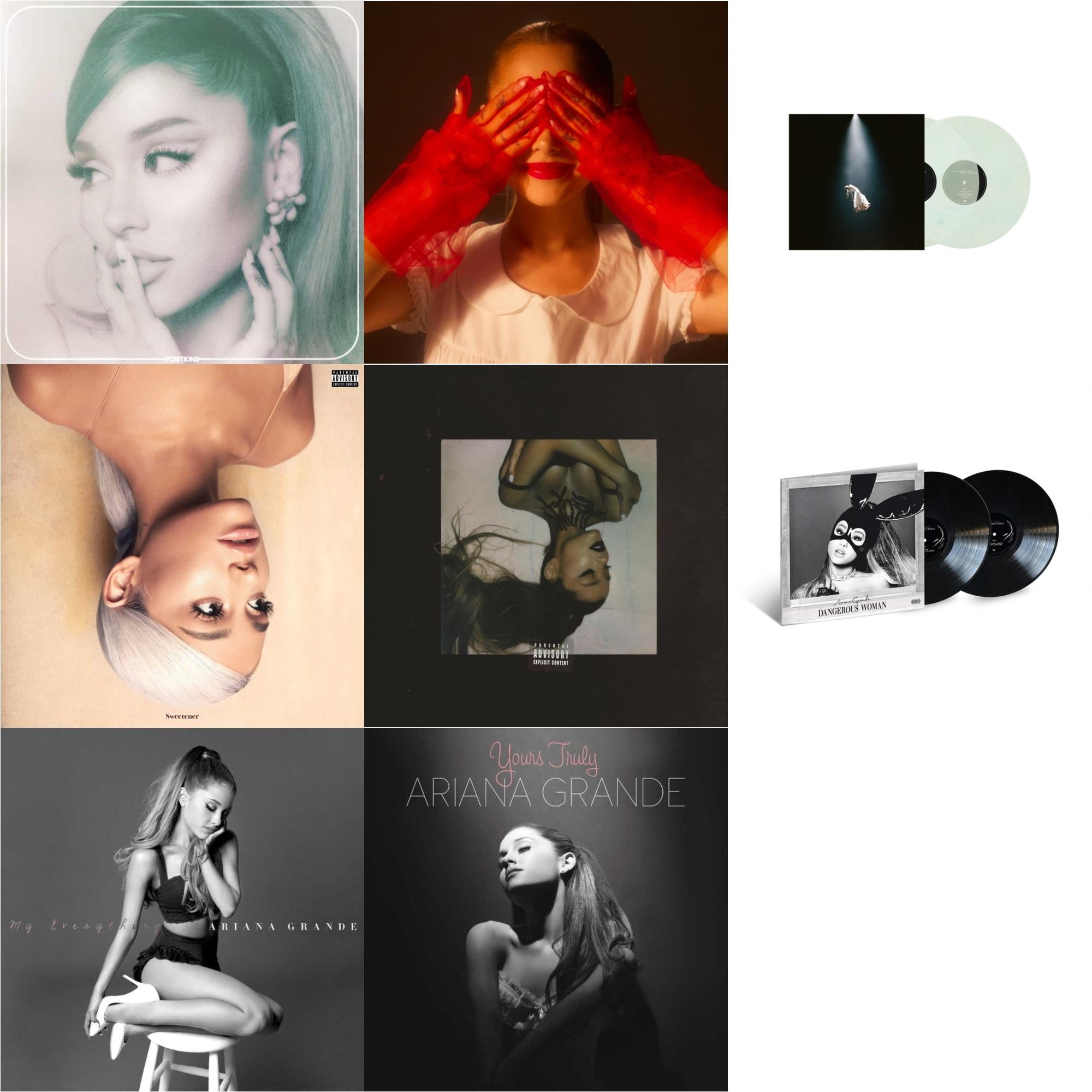 Ariana Grande - Positions (Coke Bottle Clear LP Vinyl) & Eternal Sunshine (X) (Ruby LP Vinyl) & Eternal Sunshine Deluxe: Brighter Days Ahead (X) (Translucent Marble Vinyl/2LP) & Sweetener (X) (2LP) & Thank U, Next & Dangerous Woman (2LP) & My