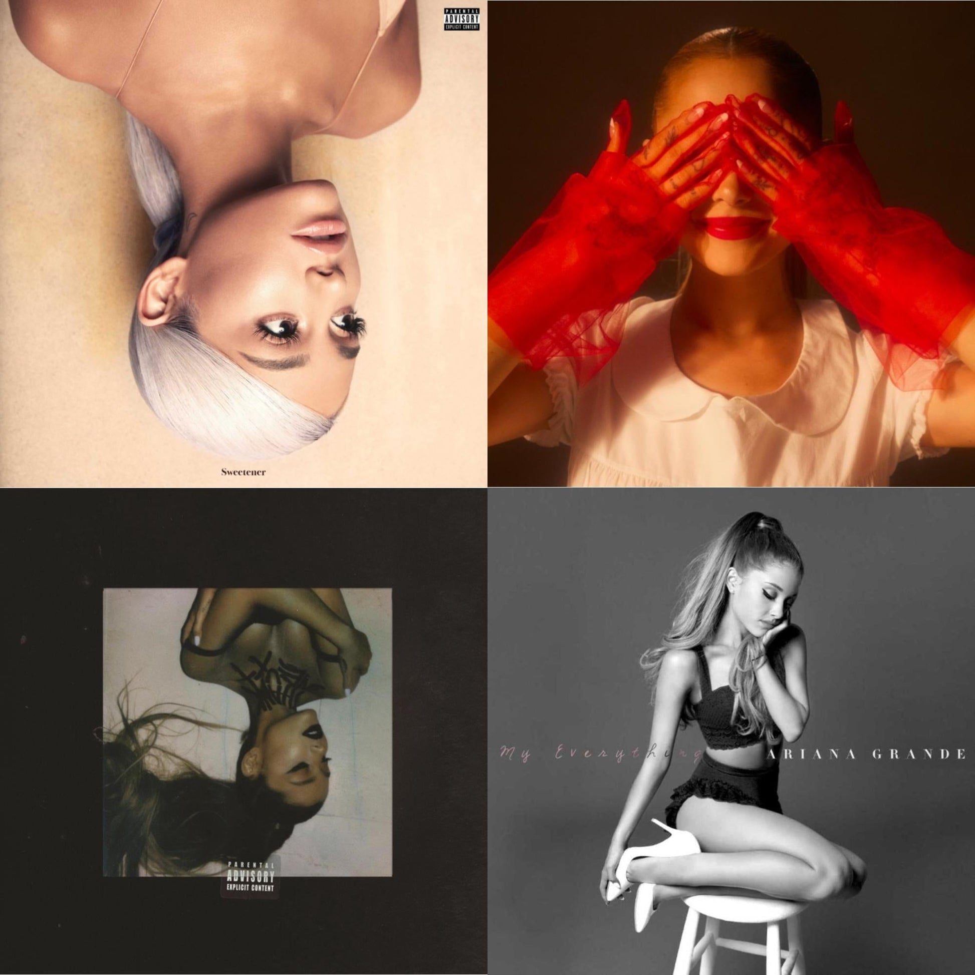 This is a 4 LP Vinyl SKU bundle.
1.This LP Vinyl is brand new.Format: LP VinylMusic Style: Contemporary R&BThis item's title is: Sweetener (X) (2LP)Artist: Ariana GrandeLabel: ISLAND RECODSBarcode: 602577005954Release Date: 10/26/2018
2.This LP Vinyl is brand new.