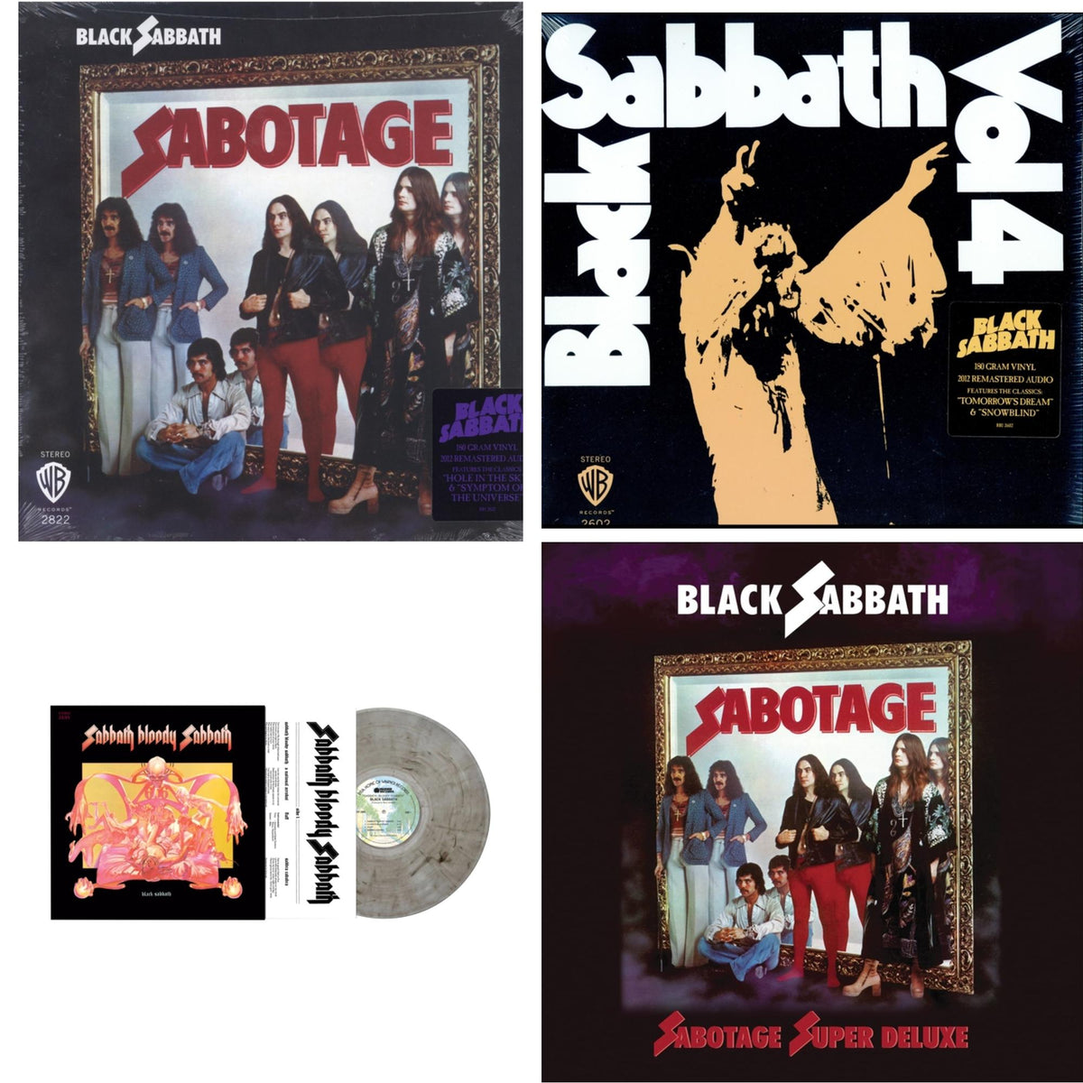 This is a 4 LP Vinyl SKU bundle.
1.This LP Vinyl is brand new.Format: LP VinylMusic Style: Hard RockThis item's title is: Sabotage (180G)Artist: Black SabbathLabel: RHINO/WARNER BROS.Barcode: 081227946562Release Date: 8/5/2016
2.This LP Vinyl is brand new.