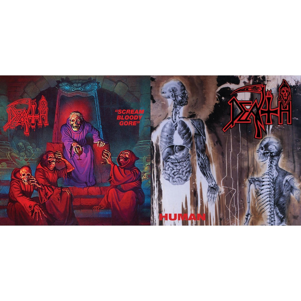 Scream Bloody Gore (Neon Violet, Bone White & Red  Tri Color Merge With Splatter LP Vinyl) & Human (Bone White, Blue Jay & Gold Tri Color Merge With Splatter LP Vinyl)