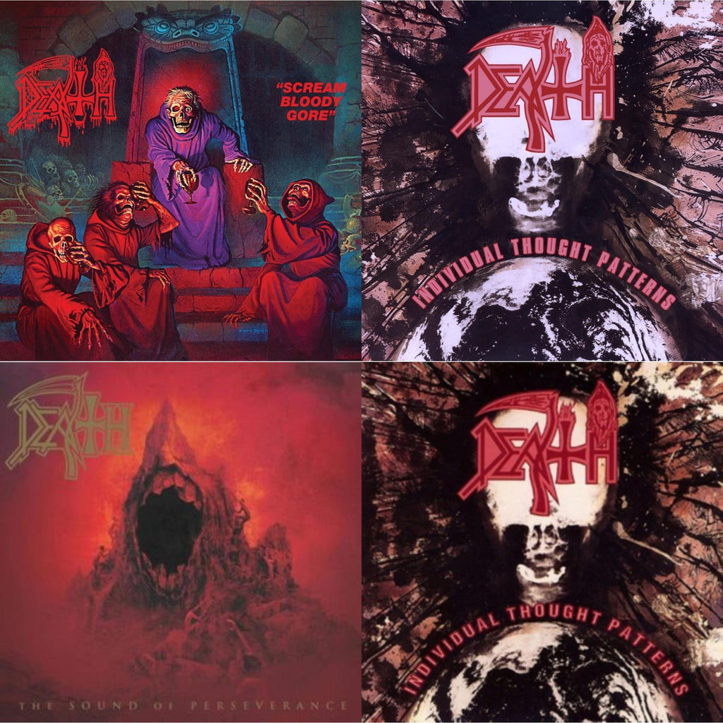 Death - Scream Bloody Gore (Neon Violet, Bone White & Red  Tri Color Merge With Splatter LP Vinyl) & Individual Thought Patterns - Reissue (Hot Pink, Bone White & Red Tri Color Merge W/ Splatter LP Vinyl) & Sound Of Perseverance (Black, Red & Gold