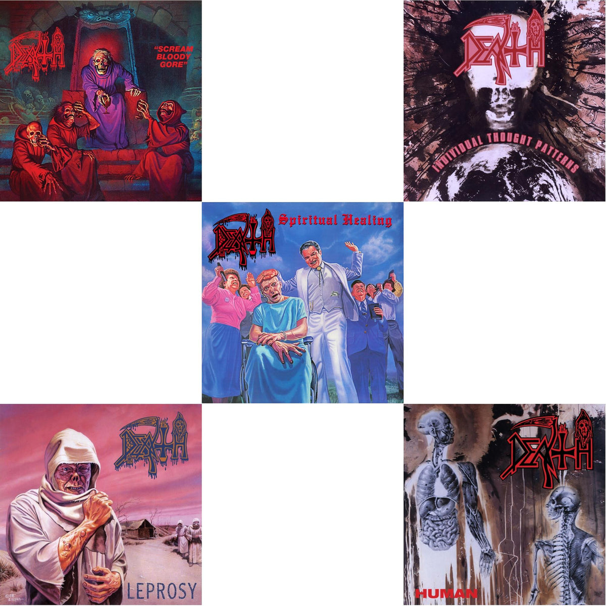 Death - Scream Bloody Gore (Neon Violet, Bone White & Red  Tri Color Merge With Splatter LP Vinyl) & Leprosy Reissue (Hot Pink, Bone White & Blue Jay Tri Color Merge With Splatter LP Vinyl) & Spiritual Healing - Reissue (Red, Cyan Blue & Black Tri