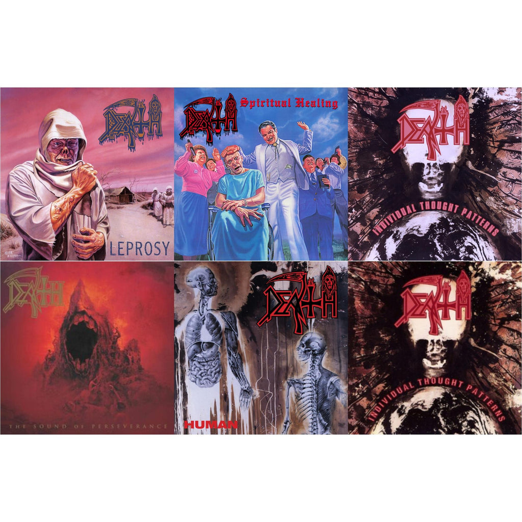 Death - Leprosy Reissue (Hot Pink, Bone White & Blue Jay Tri Color Merge With Splatter LP Vinyl) & Spiritual Healing - Reissue (Red, Cyan Blue & Black Tri Color Merge With Splatter LP Vinyl) & Individual Thought Patterns - Reissue (Hot Pink, Bone