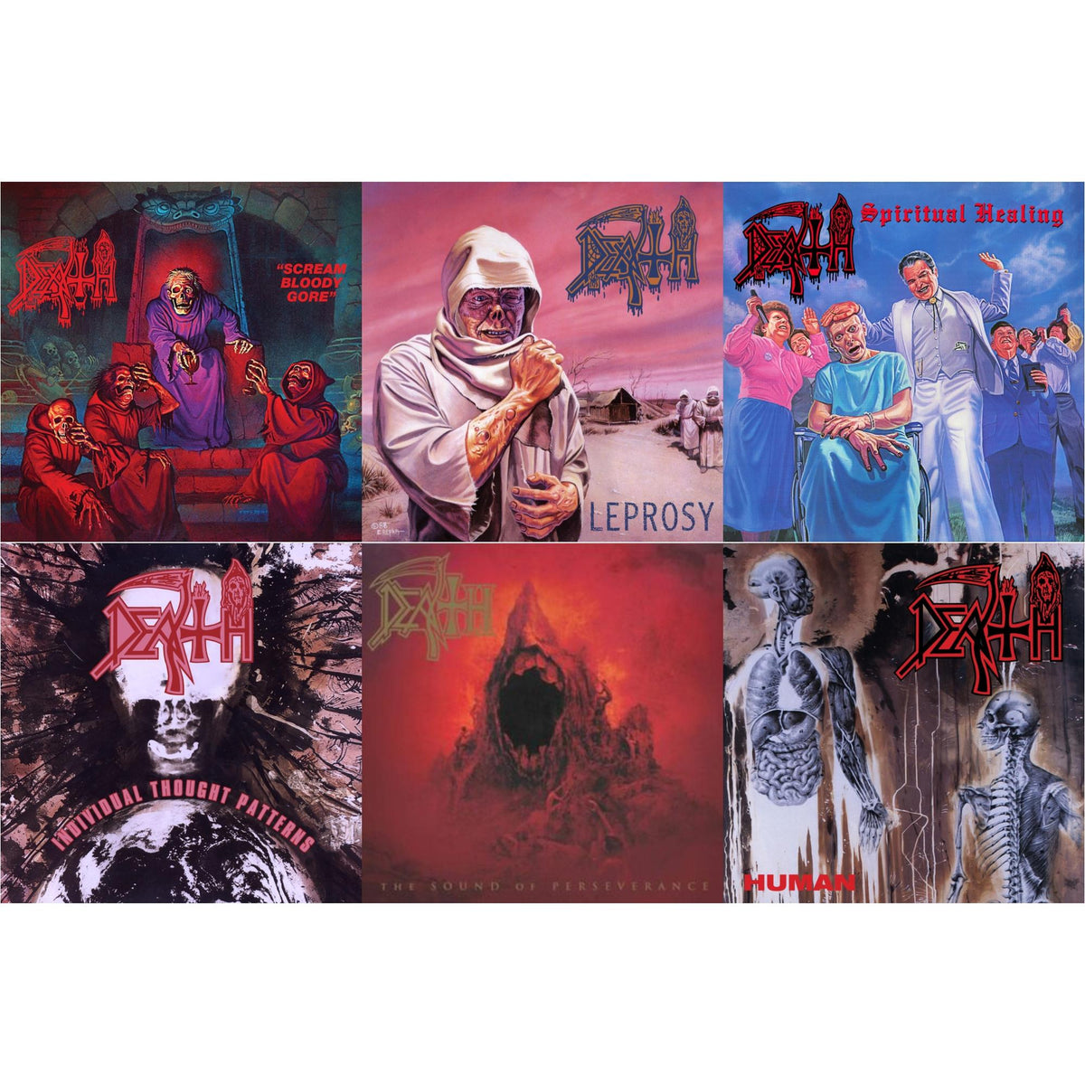 Death - Scream Bloody Gore (Neon Violet, Bone White & Red  Tri Color Merge With Splatter LP Vinyl) & Leprosy Reissue (Hot Pink, Bone White & Blue Jay Tri Color Merge With Splatter LP Vinyl) & Spiritual Healing - Reissue (Red, Cyan Blue & Black Tri