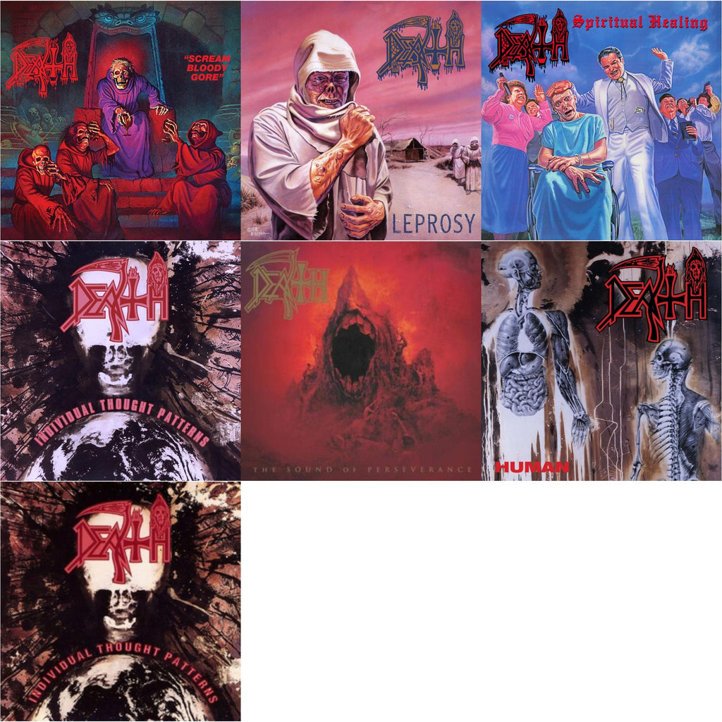 Death - Scream Bloody Gore (Neon Violet, Bone White & Red  Tri Color Merge With Splatter LP Vinyl) & Leprosy Reissue (Hot Pink, Bone White & Blue Jay Tri Color Merge With Splatter LP Vinyl) & Spiritual Healing - Reissue (Red, Cyan Blue & Black Tri