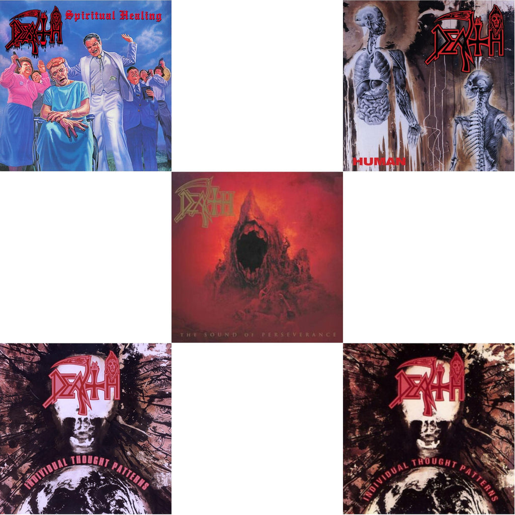 Death - Spiritual Healing - Reissue (Red, Cyan Blue & Black Tri Color Merge With Splatter LP Vinyl) & Individual Thought Patterns - Reissue (Hot Pink, Bone White & Red Tri Color Merge W/ Splatter LP Vinyl) & Sound Of Perseverance (Black, Red & Gold