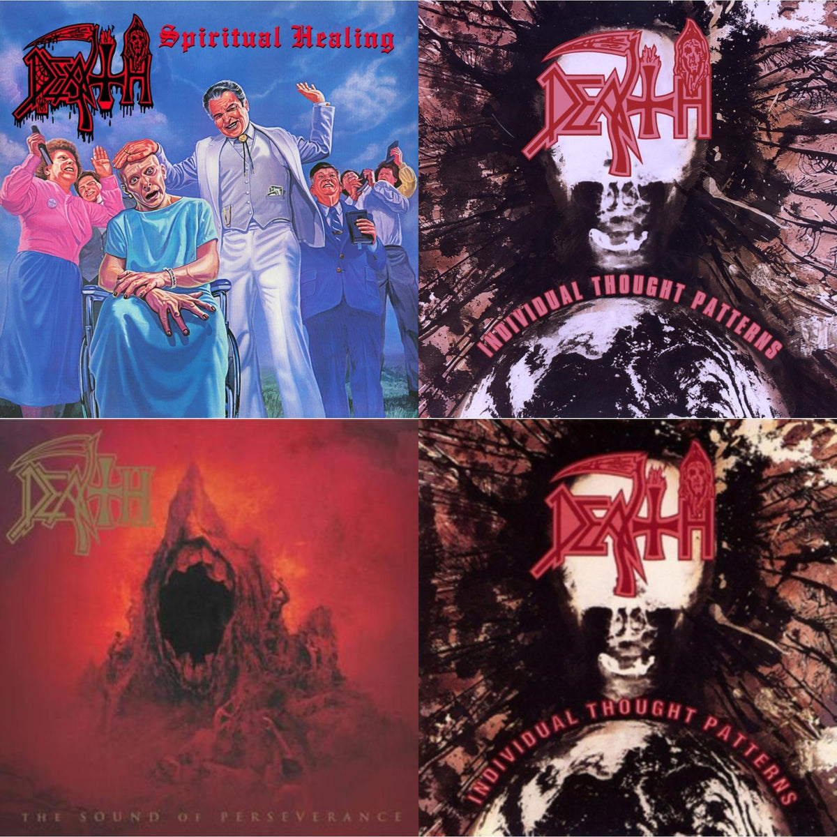 Death - Spiritual Healing - Reissue (Red, Cyan Blue & Black Tri Color Merge With Splatter LP Vinyl) & Individual Thought Patterns - Reissue (Hot Pink, Bone White & Red Tri Color Merge W/ Splatter LP Vinyl) & Sound Of Perseverance (Black, Red & Gold
