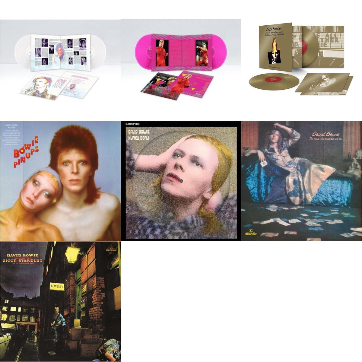 Hunky Dory (2015 Remaster/50Th Anniv/Picture Disc) & Montreal '87 (Limited/Pink LP Vinyl) & Live Los Angeles 1974 (White LP Vinyl/Limited) & Pinups (2015 Remaster) & Ziggy Stardust & The Spiders From Mars Ost (50Th Anniversary/2LP) & Rise