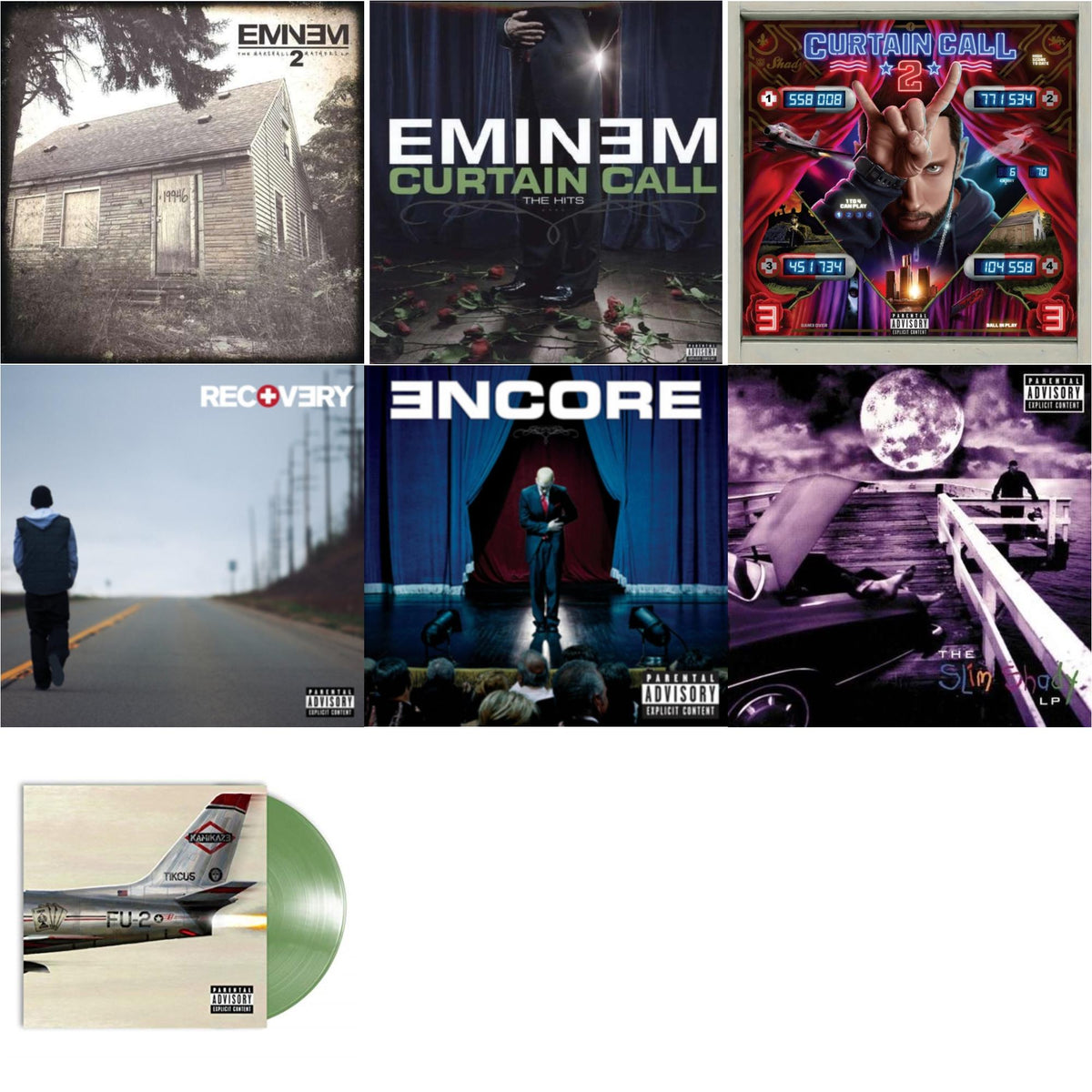 Curtain Call 2 (2LP) & Encore & Curtain Call: Hits & Recovery & Marshall Mathers LP 2 & Kamikaze (Opaque Olive Green LP Vinyl/Gatefold Jacket) & Slim Shady LP