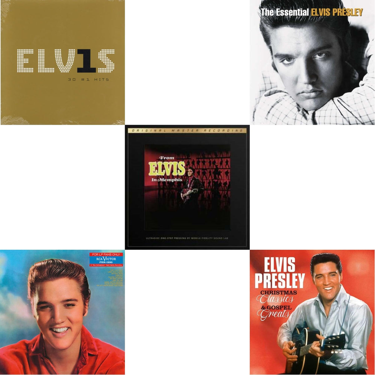 From Elvis In Memphis (2LP/180G/45RPM Supervinyl Ultradisc One-Step/Original Masters/Limited) & Christmas Classics & Gospel Greats (Ams Exclusive) (Snowy White LP Vinyl) & For LP Fans Only (Translucent Blue Vinyl/180G) & Elvis 30 #1 Hits (2LP/180G)