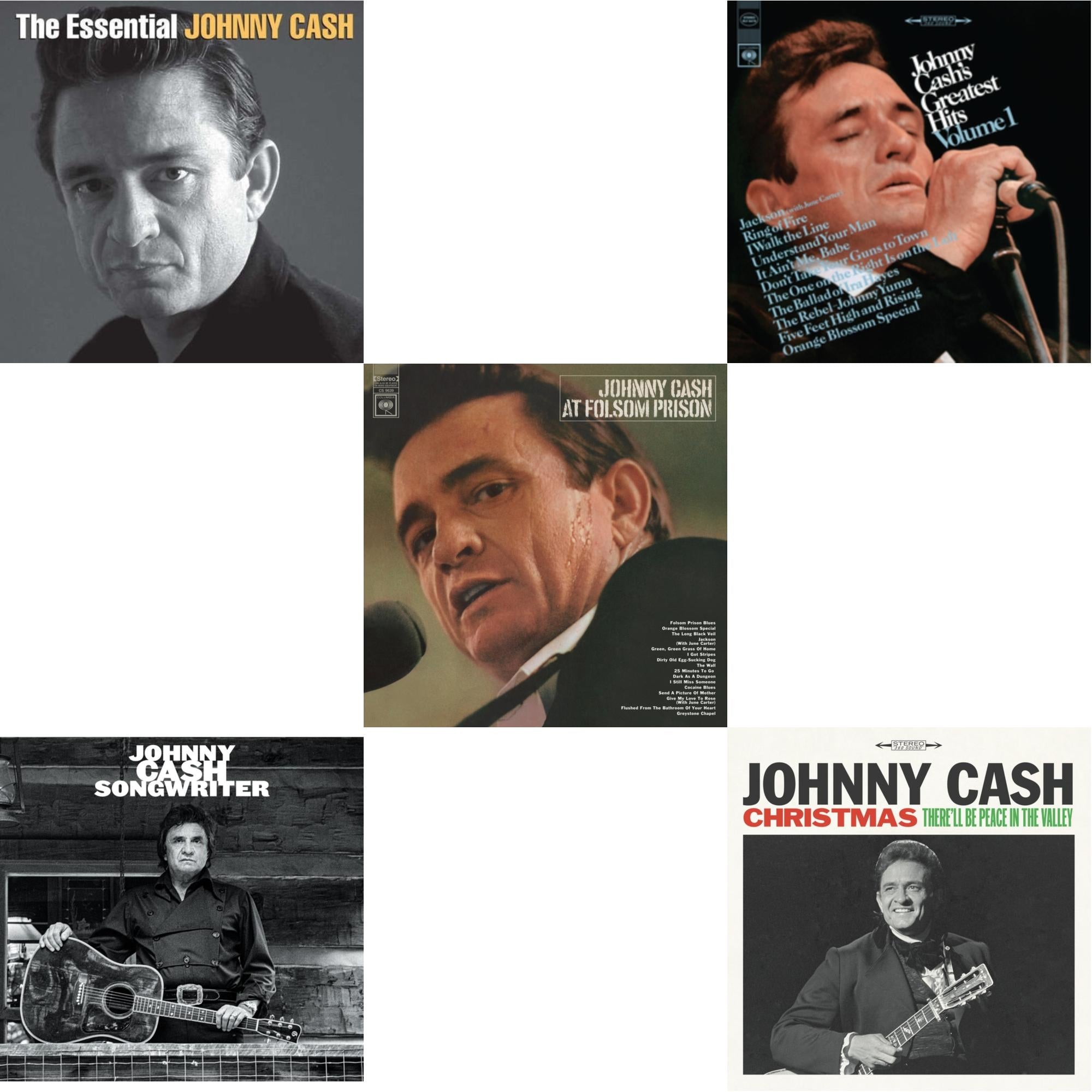 At Folsom Prison & Greatest Hits, Volume 1 & Songwriter & Essential Johnny Cash & Christmas: There'll Be Peace In The Valley