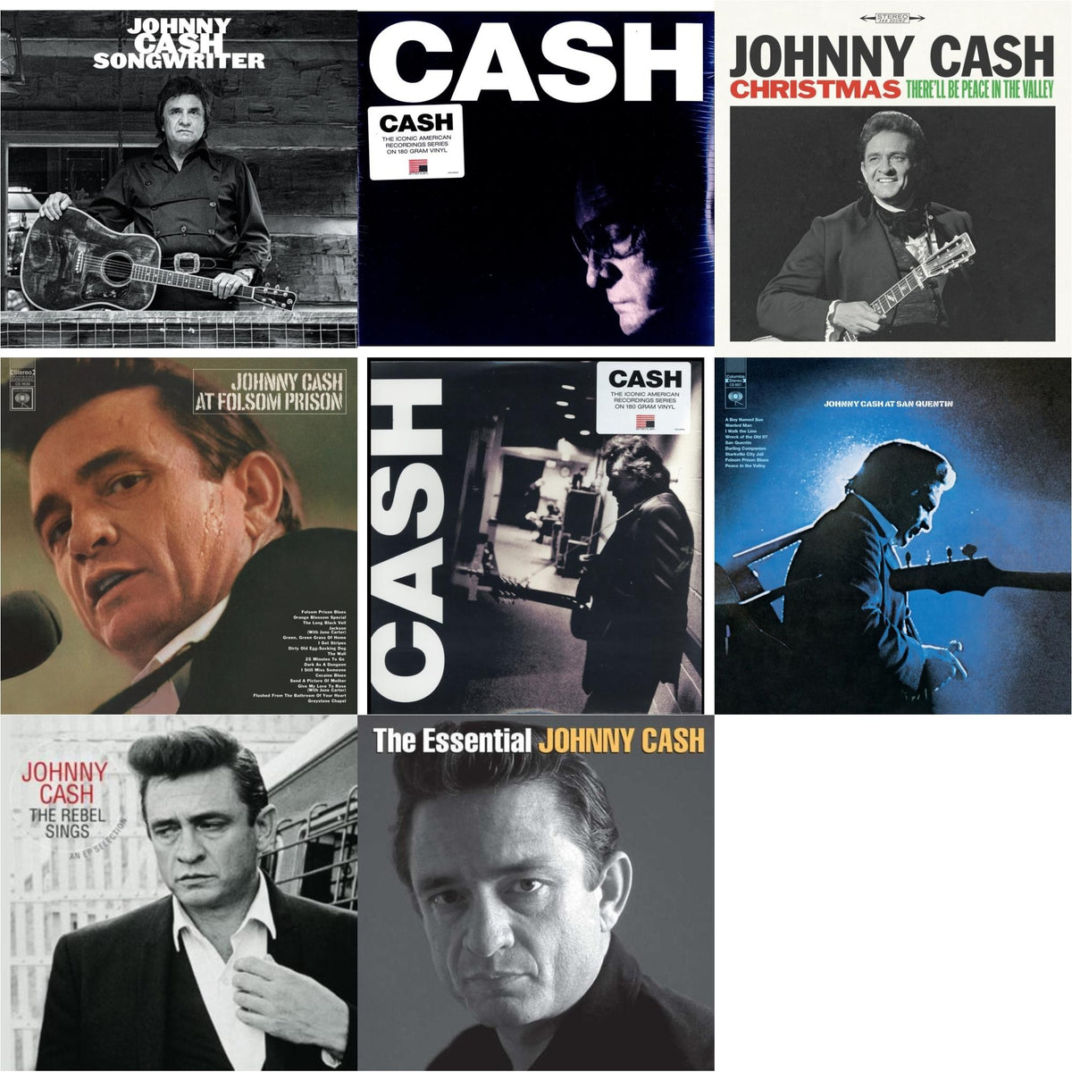 At Folsom Prison & At San Quentin & Songwriter & American Iii: Soitary Man & American Iv: The Man Comes Around & Rebel Sings (Crystal Clear & Solid Silver LP Vinyl) & Essential Johnny Cash & Christmas: There'll Be Peace In The Valley