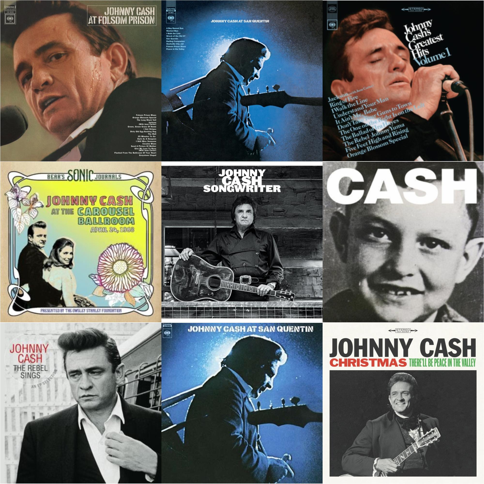 Johnny Cash - At Folsom Prison & At San Quentin & Greatest Hits, Volume 1 & Bear's Sonic Journals: Johnny Cash, At The Carousel Ballroom, April 24, 1968 (2LP) & Songwriter & American Vi: Ain't No Grave & Rebel Sings (Crystal Clear & Solid Silver LP