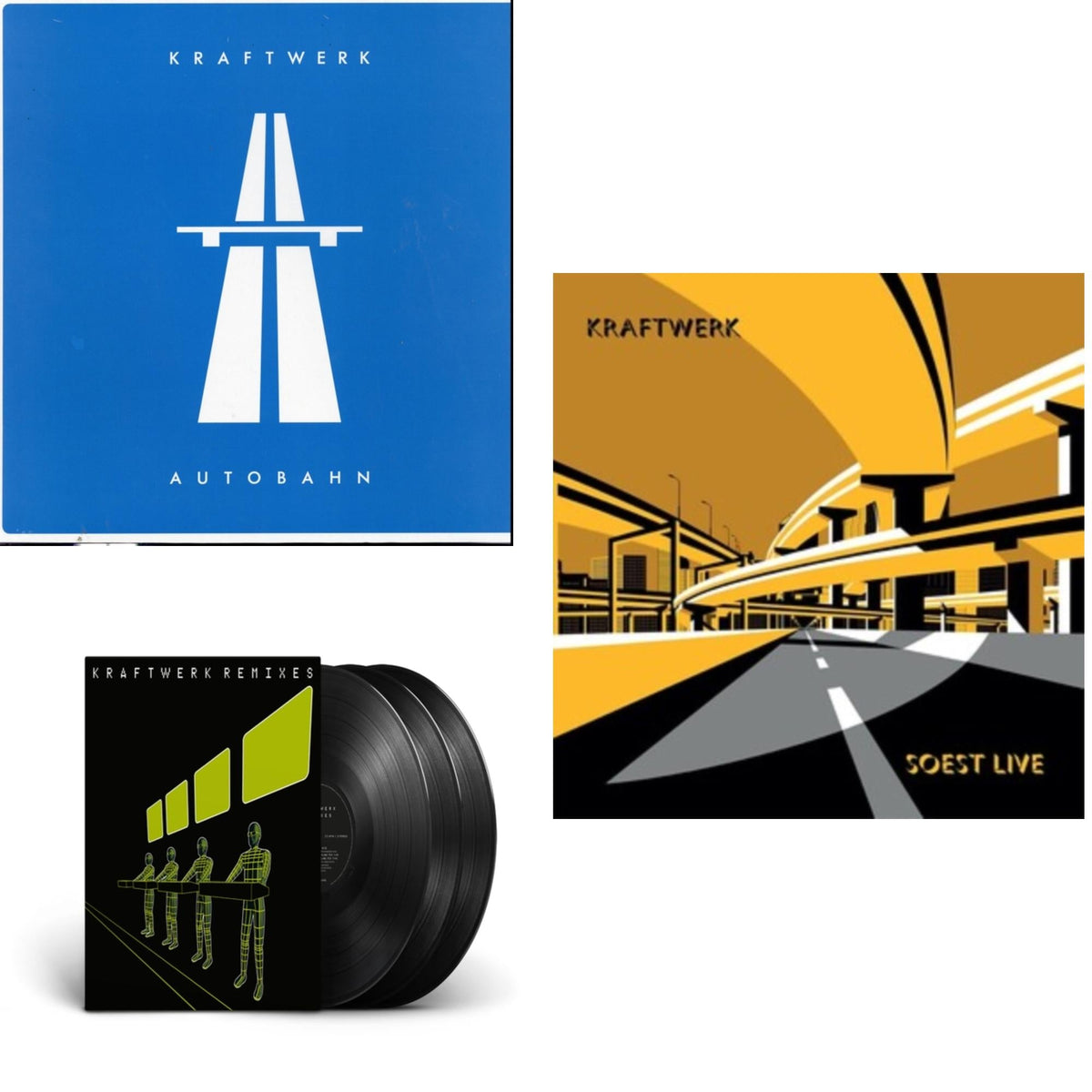 This is a 3 LP Vinyl SKU bundle.
1.This LP Vinyl is brand new.Format: LP VinylMusic Style: ElectroThis item's title is: Autobahn (2009 Remaster)Artist: KraftwerkLabel: WARNER BROS./PARLOPHONEBarcode: 603497911455Release Date: 11/16/2009
2.This LP Vinyl is brand new.