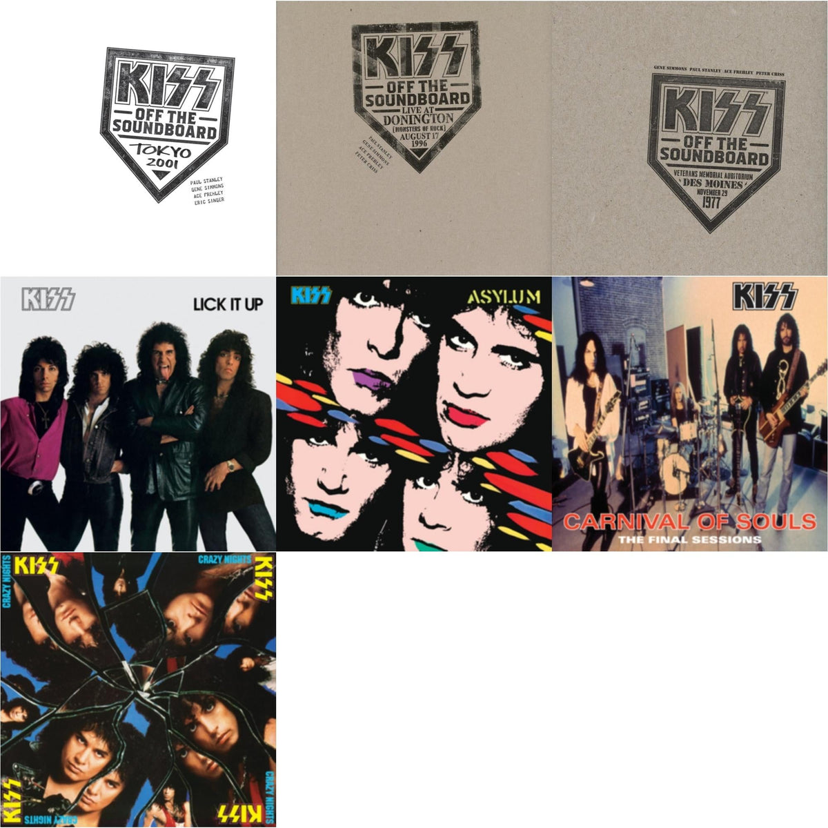 Kiss Off The Soundboard: Tokyo 2001 (3LP) & Kiss Off The Soundboard: Donington 1996 (Live) (3LP) & Kiss Off The Soundboard: Live In Des Moines (2LP) & Lick It Up & Asylum & Carnival Of Souls & Crazy Nights
