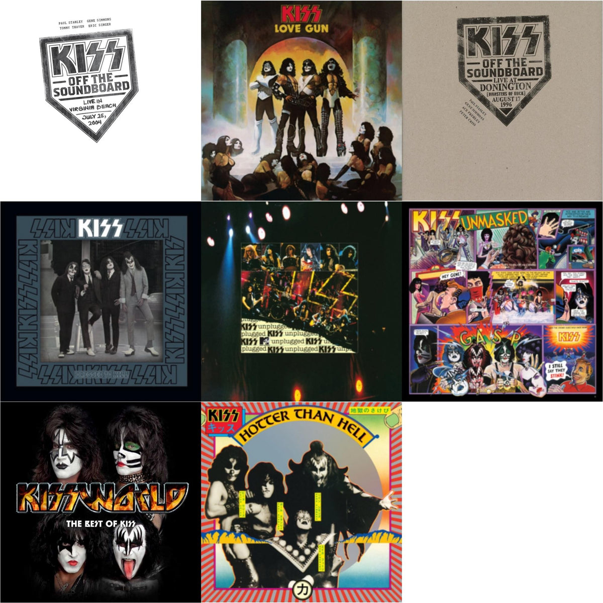 Kiss Off The Soundboard: Live In Virginia Beach (3LP) & Kiss Off The Soundboard: Donington 1996 (Live) (3LP) & Hotter Than Hell & Unmasked & Dressed To Kill & Love Gun & Mtv Unplugged & Kissworld - The Best Of Kiss (2 LP)