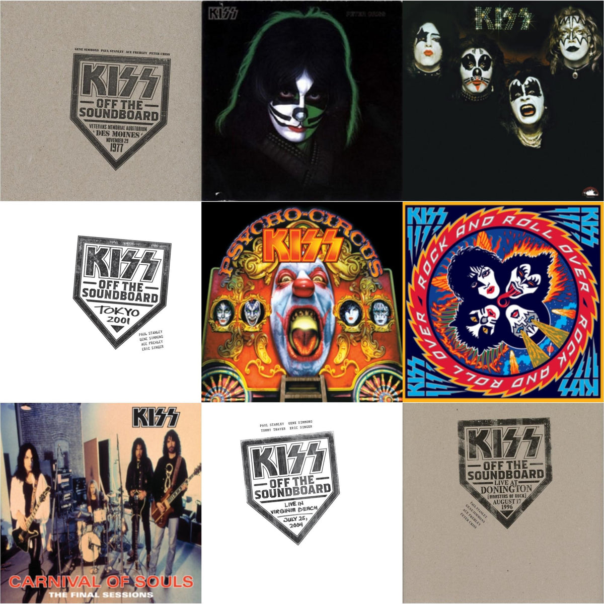 Kiss - Kiss Off The Soundboard: Tokyo 2001 (3LP) & Kiss Off The Soundboard: Live In Virginia Beach (3LP) & Kiss Off The Soundboard: Donington 1996 (Live) (3LP) & Kiss Off The Soundboard: Live In Des Moines (2LP) & Kiss & Psycho Circus & Carnival Of