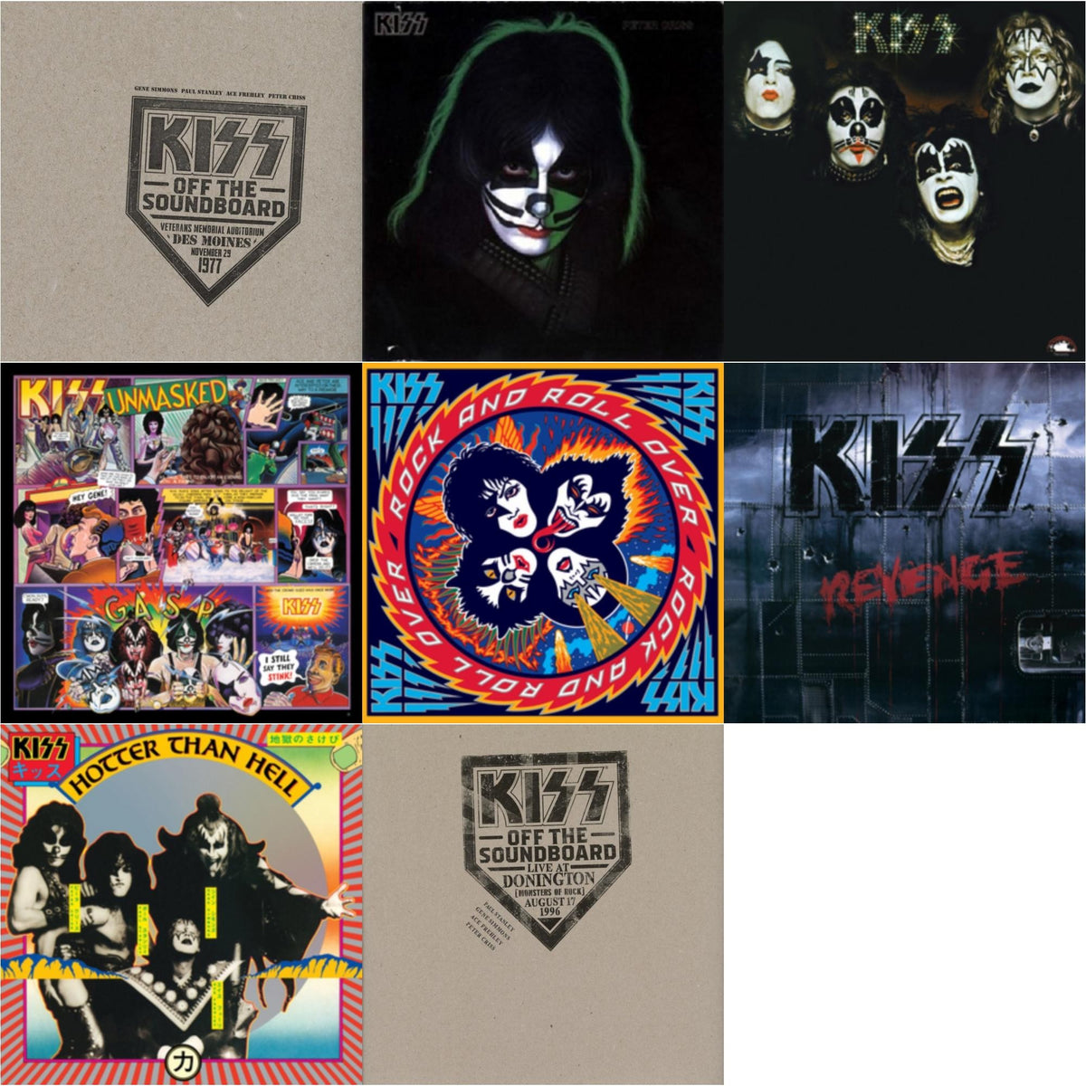 Kiss Off The Soundboard: Donington 1996 (Live) (3LP) & Kiss Off The Soundboard: Live In Des Moines (2LP) & Kiss & Revenge & Hotter Than Hell & Unmasked & Rock & Roll Over & Peter Criss