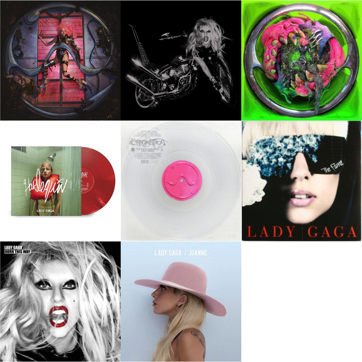 Chromatica (180G) & Born This Way - The Tenth Anniversary (3LP) & Dawn Of Chromatica (Clear LP Vinyl) & Harlequin (Red LP Vinyl) & Chromatica (Milky Clear LP Vinyl) & Fame & Born This Way & Joanne