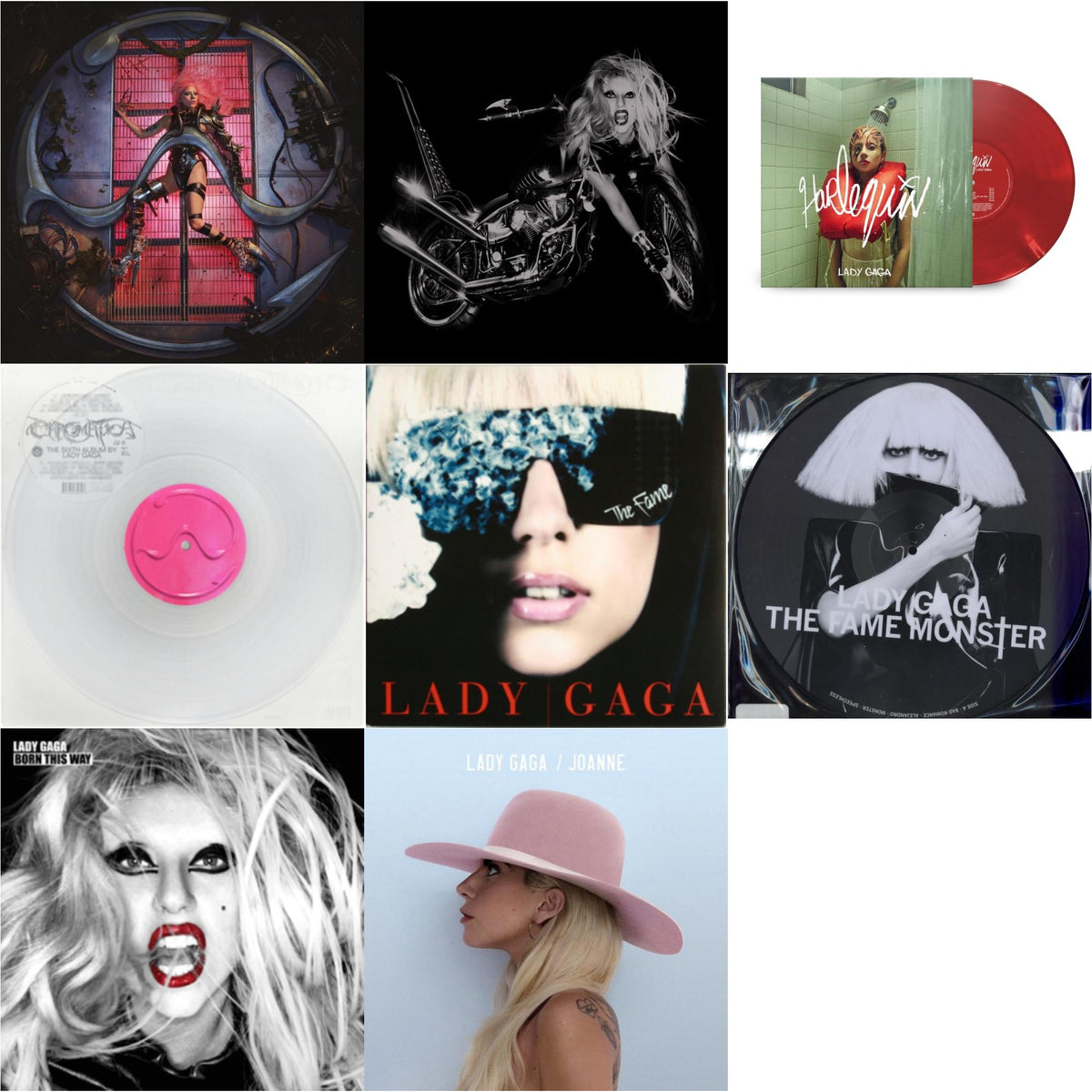 Chromatica (180G) & Born This Way - The Tenth Anniversary (3LP) & Harlequin (Red LP Vinyl) & Chromatica (Milky Clear LP Vinyl) & Fame & Fame Monster & Born This Way & Joanne