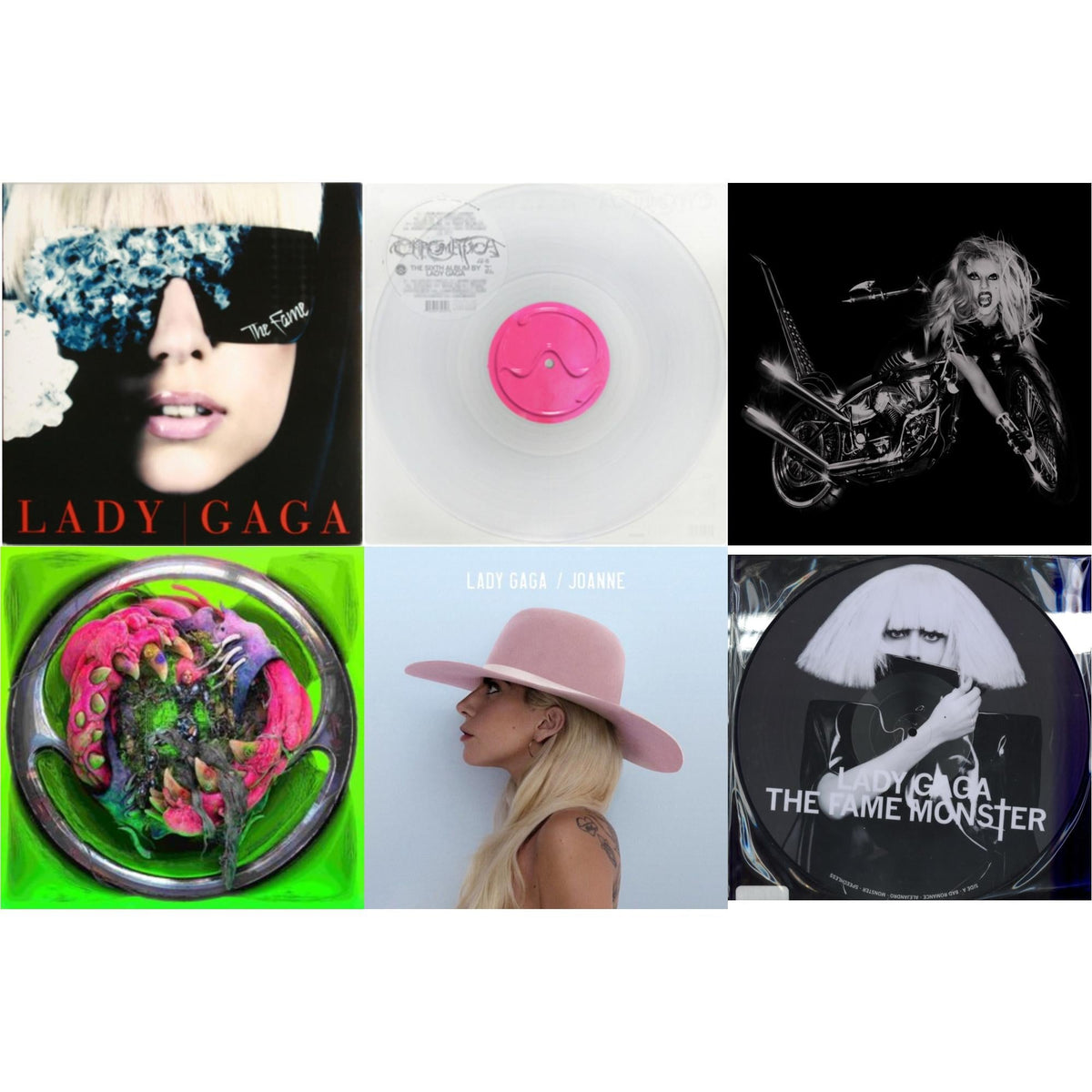 Born This Way - The Tenth Anniversary (3LP) & Dawn Of Chromatica (Clear LP Vinyl) & Chromatica (Milky Clear LP Vinyl) & Fame & Fame Monster & Joanne