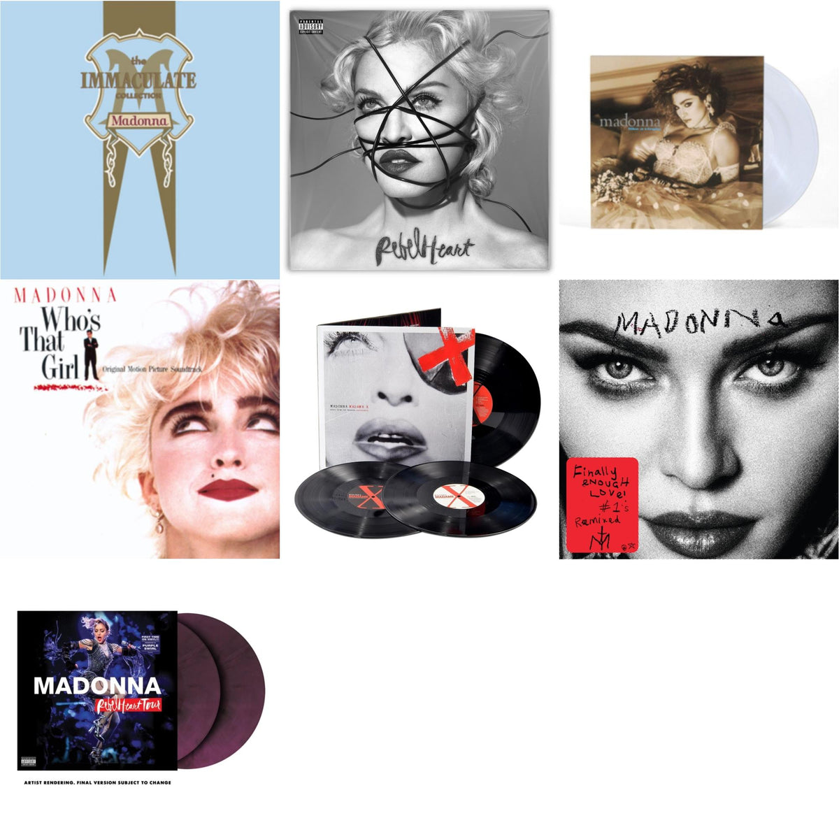 Rebel Heart Tour (X) (Purple Galaxy Swirl Vinyl/2LP) & Rebel Heart & Madame X (Live) (3LP) & Finally Enough Love (2LP) & Like A Virgin (Clear LP Vinyl) & Immaculate Collection (2LP) & Who's That Girl Ost (Back 2 The 80S) (I)