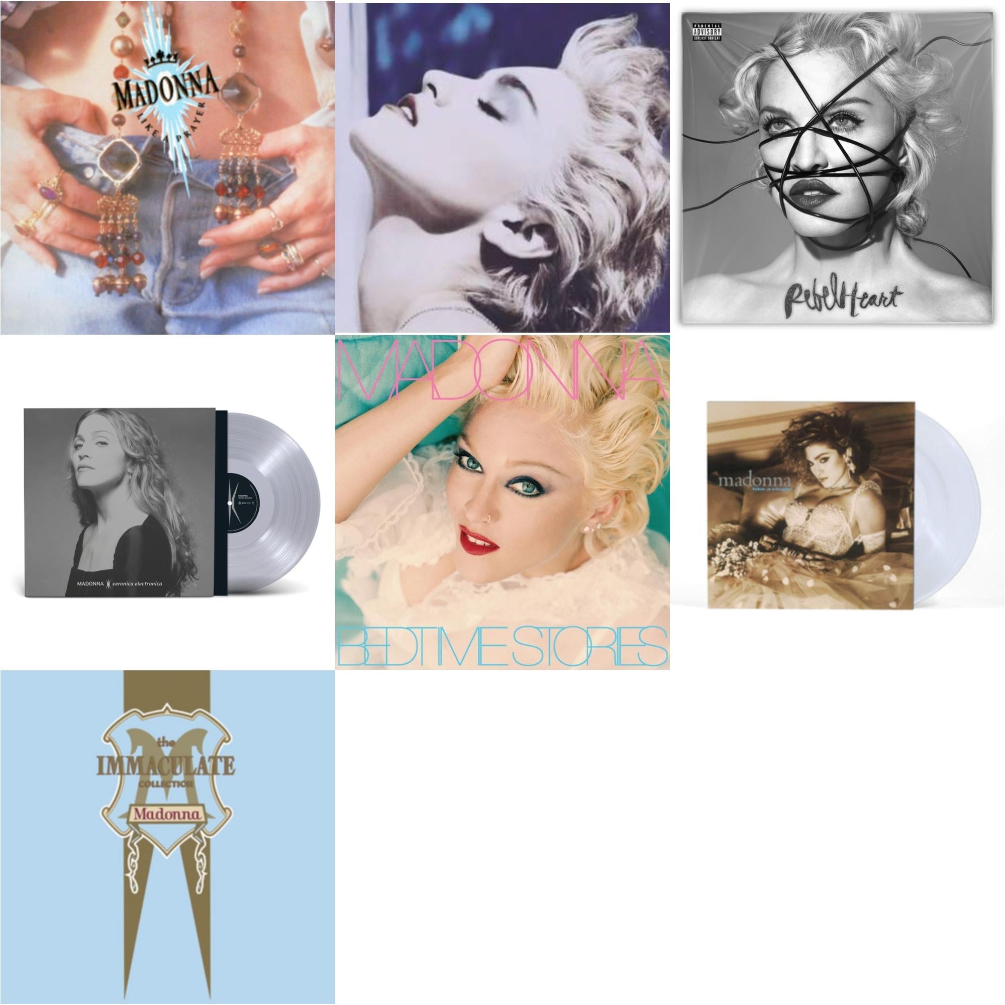 Like A Prayer (180G) & True Blue (180G) & Rebel Heart & Veronica Electronica (Clear LP Vinyl) & Bedtime Stories (The Silver Collection) (Silver LP Vinyl) & Like A Virgin & Immaculate Collection (2LP)