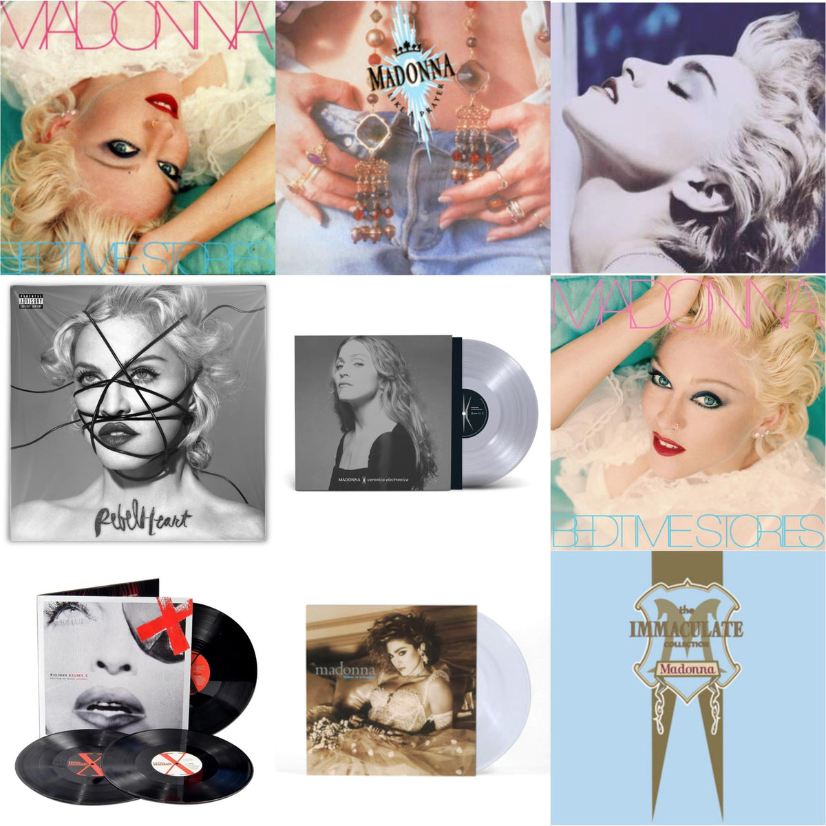 Bedtime Stories (180G) & Like A Prayer (180G) & True Blue (180G) & Rebel Heart & Veronica Electronica (Clear LP Vinyl) & Bedtime Stories (The Silver Collection) (Silver LP Vinyl) & Madame X (Live) (3LP) & Like A Virgin (Clear LP Vinyl)