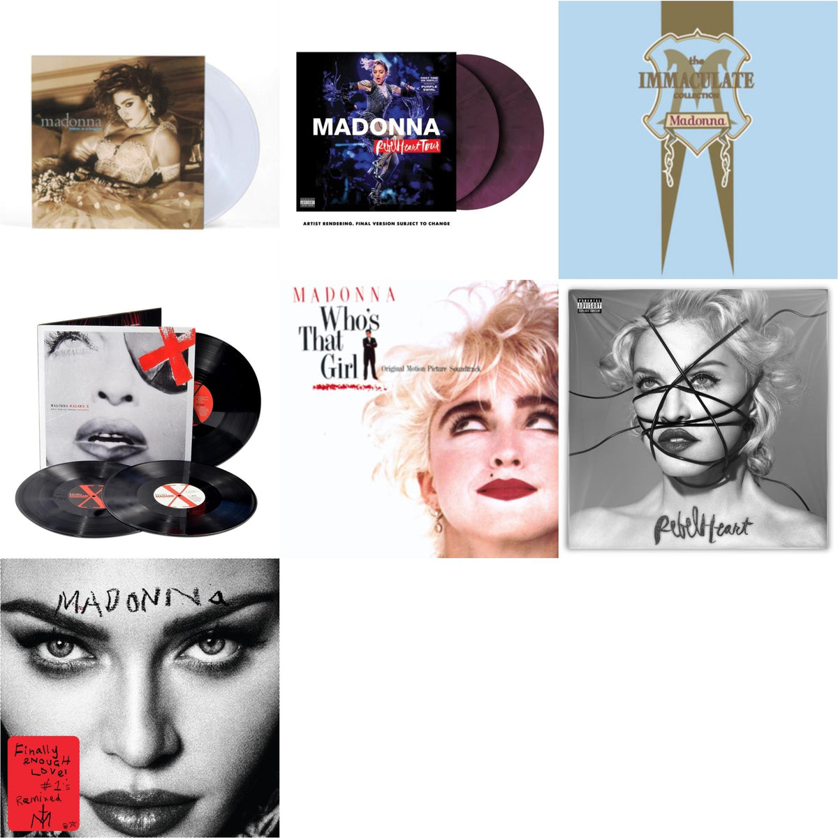 Madonna - Rebel Heart Tour (X) (Purple Galaxy Swirl Vinyl/2LP) & Rebel Heart & Madame X (Live) (3LP) & Finally Enough Love (2LP) & Like A Virgin & Immaculate Collection (2LP) & Who's That Girl Ost (Back 2 The 80S) (I)