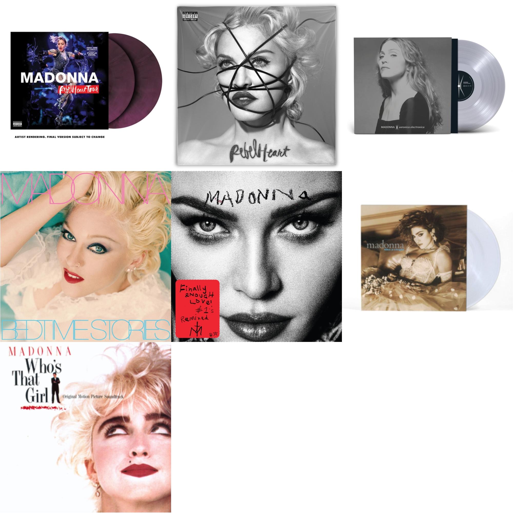 Rebel Heart Tour (X) (Purple Galaxy Swirl Vinyl/2LP) & Rebel Heart & Veronica Electronica (Clear LP Vinyl) & Bedtime Stories (The Silver Collection) (Silver LP Vinyl) & Finally Enough Love (2LP) & Like A Virgin & Who's That Girl Ost (Back 2 The 80S) (I)
