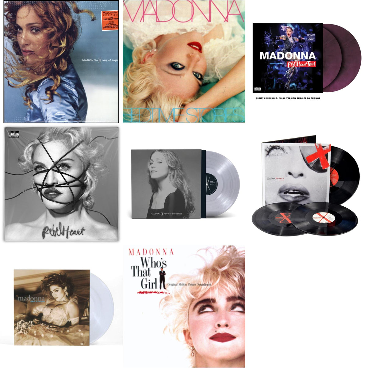 Ray Of Light (2LP/180G) & Bedtime Stories (180G) & Rebel Heart Tour (X) (Purple Galaxy Swirl Vinyl/2LP) & Rebel Heart & Veronica Electronica (Clear LP Vinyl) & Madame X (Live) (3LP) & Like A Virgin (Clear LP Vinyl)