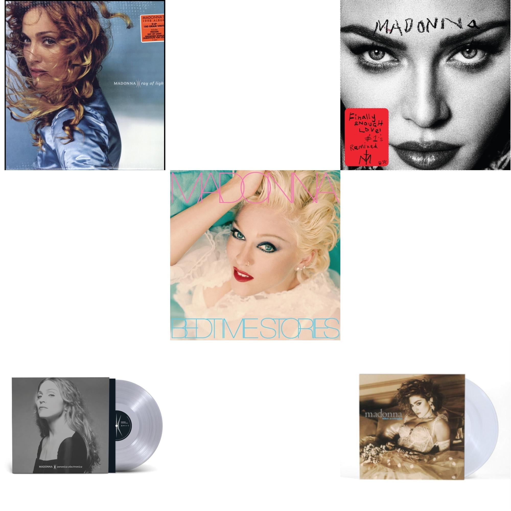 Ray Of Light (2LP/180G) & Veronica Electronica (Clear LP Vinyl) & Bedtime Stories (The Silver Collection) (Silver LP Vinyl) & Finally Enough Love (2LP) & Like A Virgin (Clear LP Vinyl)