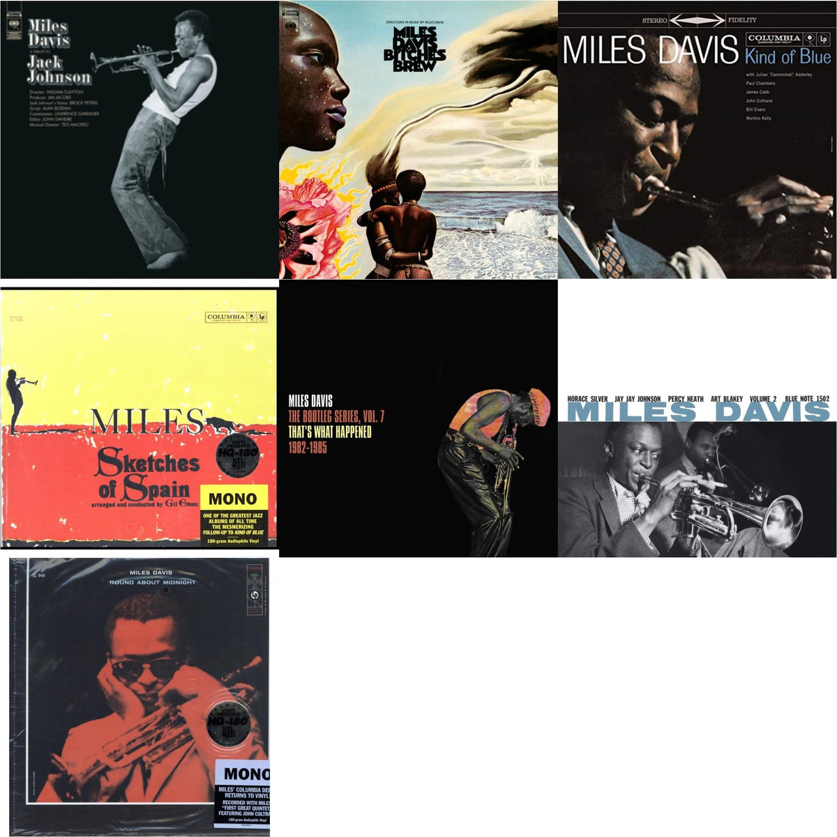 Miles Davis - Bitches Brew (2LP/140G) & Tribute To Jack Johnson (140G/Dl Insert) & Bootleg Series Vol. 7: That’S What Happened 1982-1985 (2LP/White Vinyl) & Volume 2 (Blue Note Classic LP Vinyl Series) & Kind Of Blue (180G) & Sketches Of Spain (Mono)