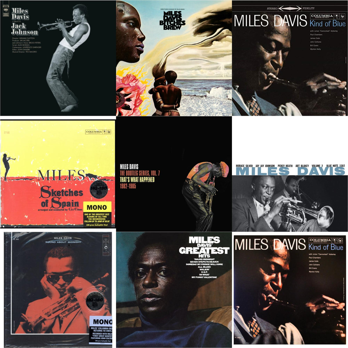 Miles Davis - Bitches Brew (2LP/140G) & Tribute To Jack Johnson (140G/Dl Insert) & Bootleg Series Vol. 7: That’S What Happened 1982-1985 (2LP/White Vinyl) & Volume 2 (Blue Note Classic LP Vinyl Series) & Kind Of Blue (180G) & Sketches Of Spain (Mono)