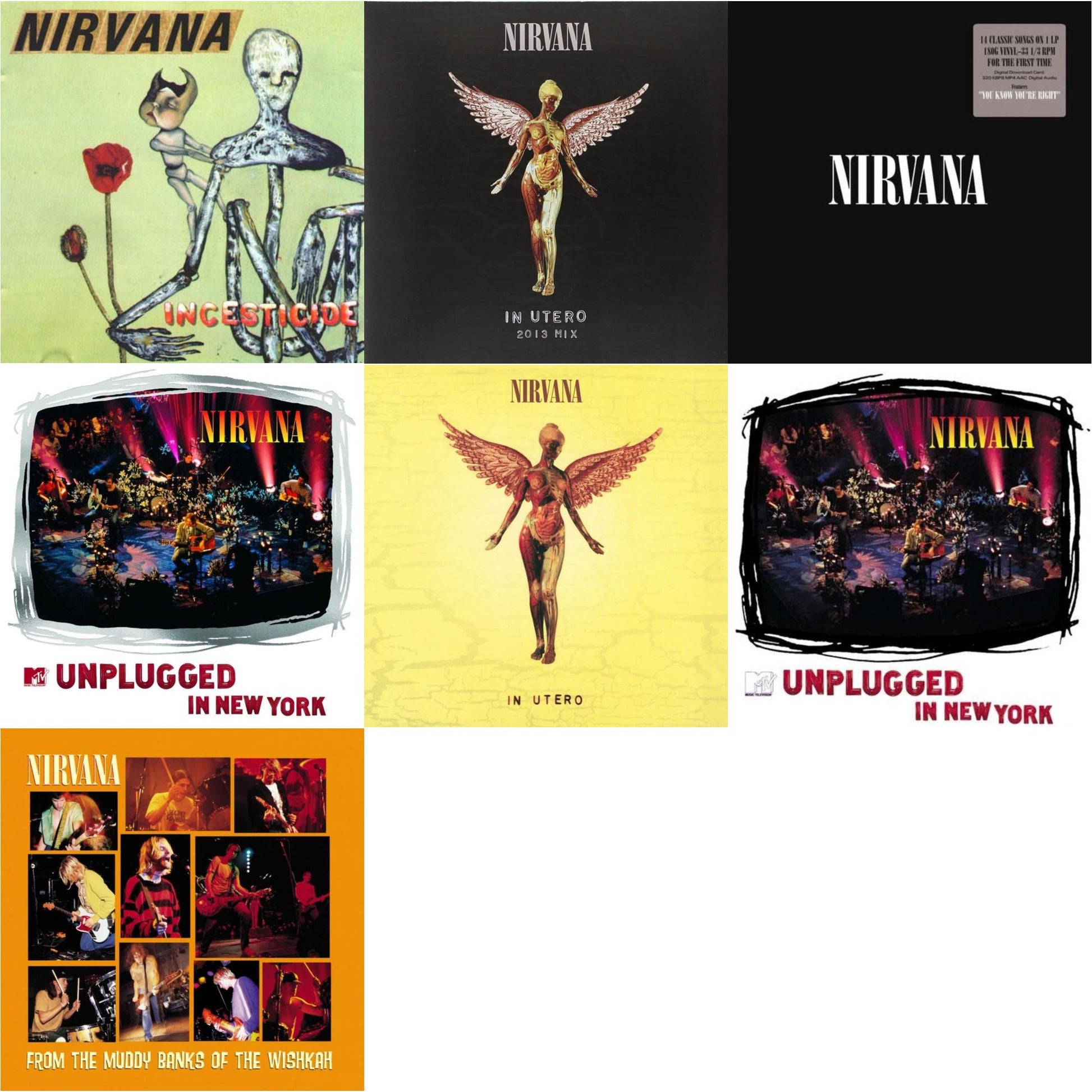 This is a 7 LP Vinyl SKU bundle.
1.This LP Vinyl is brand new.Format: LP VinylMusic Style: GrungeThis item's title is: Incesticide (20Th Anniversary 45RPM Edition)Artist: NirvanaLabel: GEFFENBarcode: 602537204830Release Date: 1/13/2017
2.This LP Vinyl is brand new.