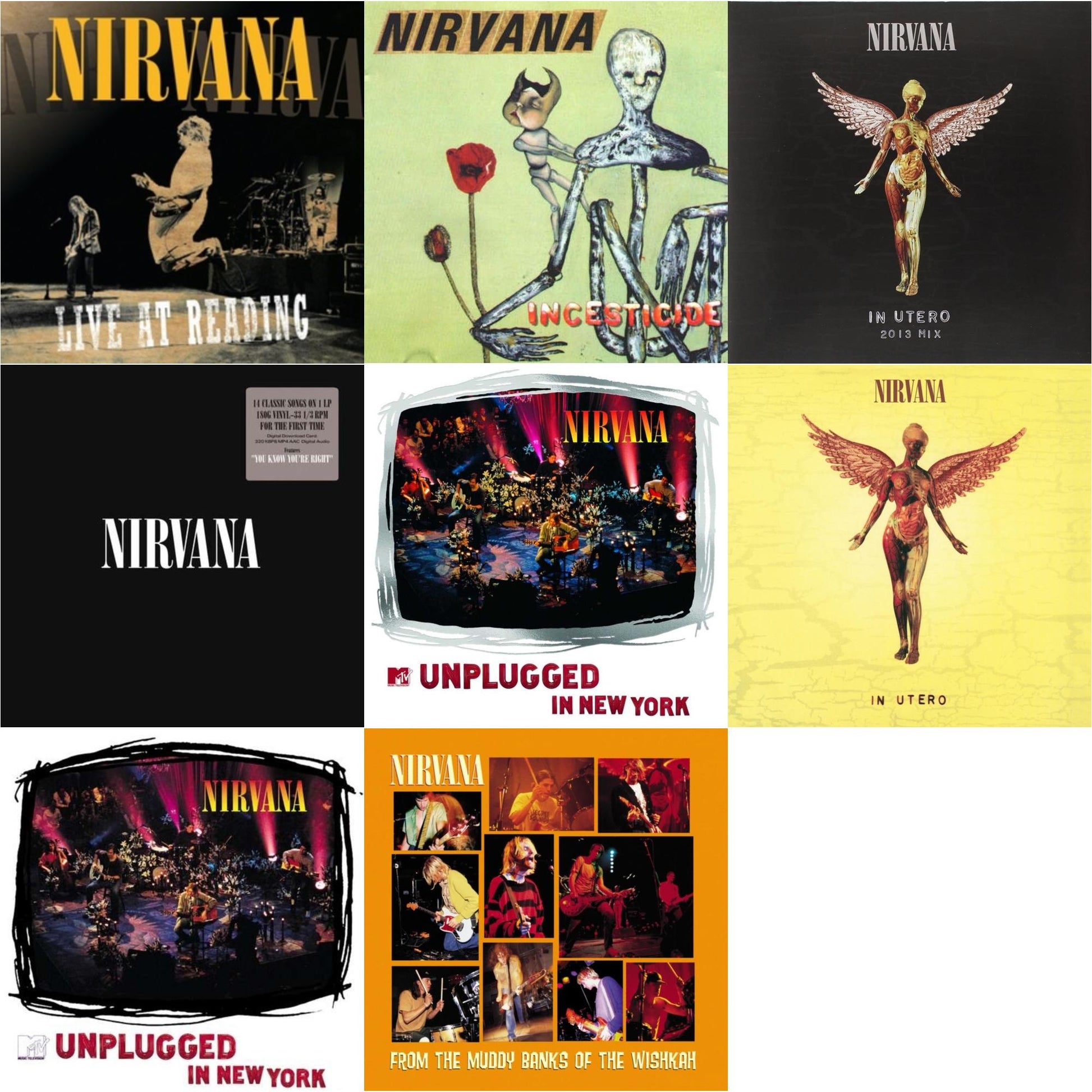 This is a 8 LP Vinyl SKU bundle.
1.This LP Vinyl is brand new.Format: LP VinylMusic Style: EurodanceThis item's title is: Live At ReadingArtist: NirvanaLabel: GEFFENBarcode: 602527212173Release Date: 12/21/2009
2.This LP Vinyl is brand new.