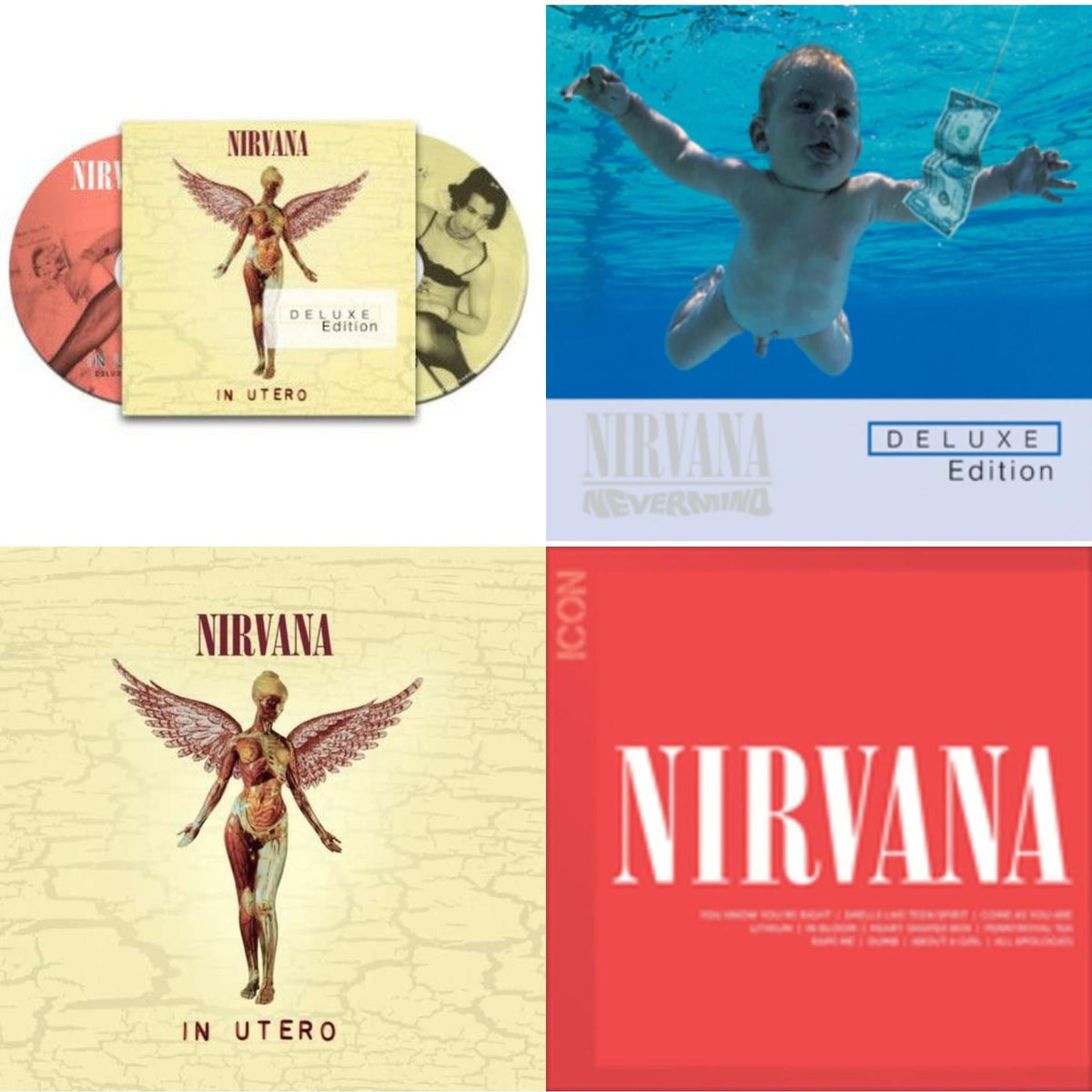 This is a 4 CD SKU bundle.
1.This CD is brand new.Format: CDMusic Style: GrungeThis item's title is: In UteroArtist: NirvanaLabel: GEFFENBarcode: 602537502974Release Date: 9/24/2013
2.This CD is brand new.