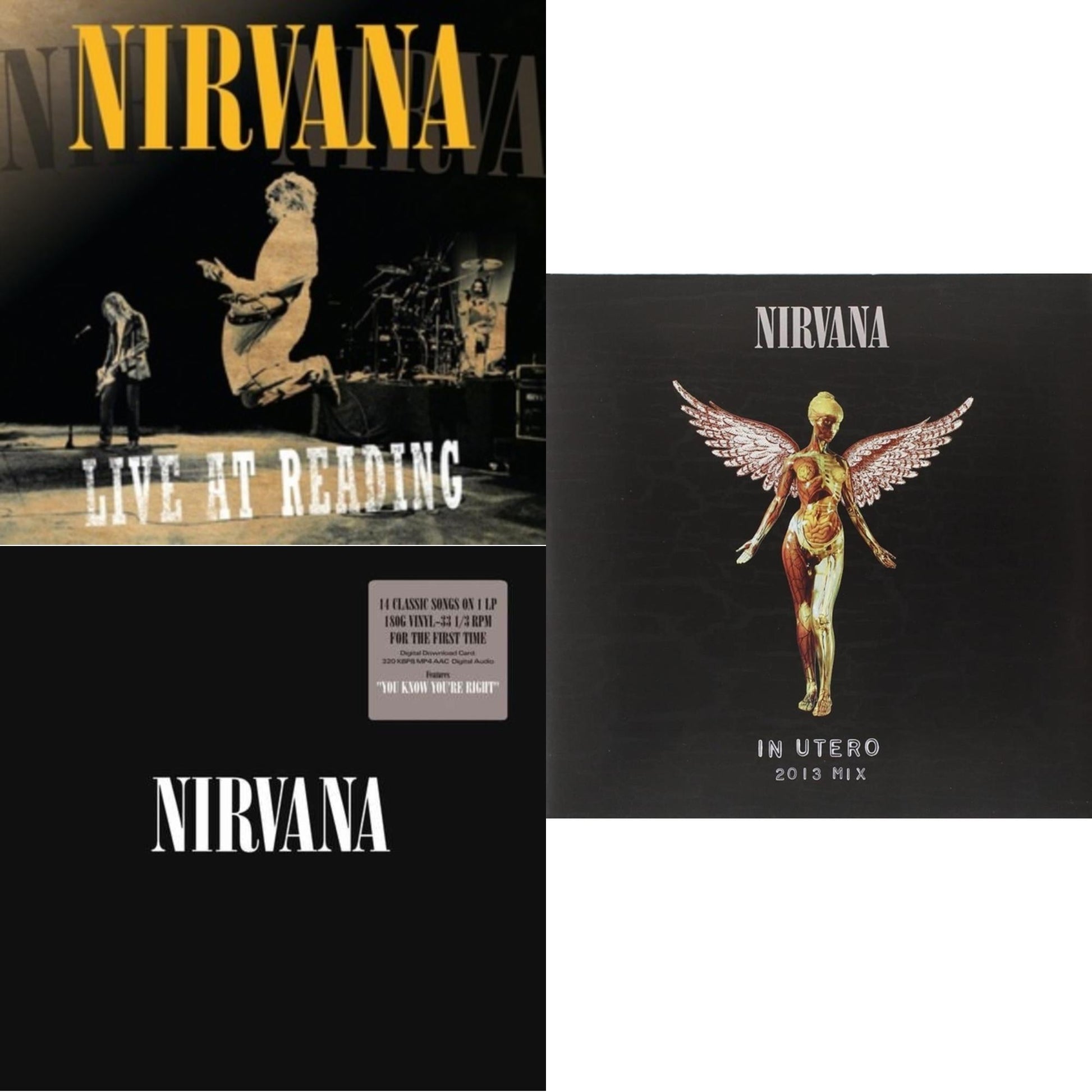 This is a 3 LP Vinyl SKU bundle.
1.This LP Vinyl is brand new.Format: LP VinylMusic Style: EurodanceThis item's title is: Live At ReadingArtist: NirvanaLabel: GEFFENBarcode: 602527212173Release Date: 12/21/2009
2.This LP Vinyl is brand new.