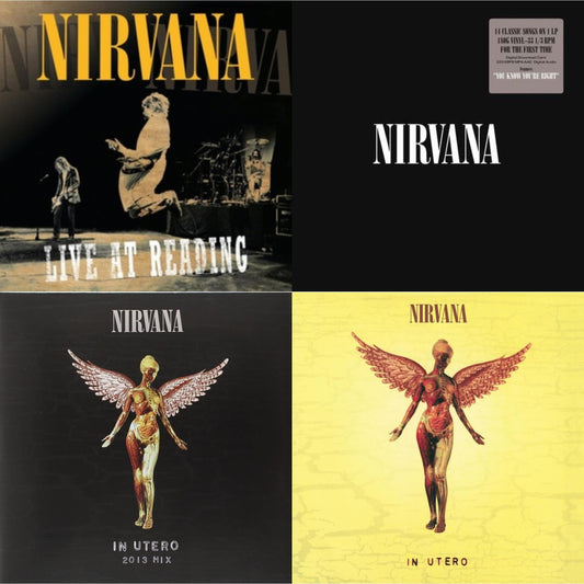 This is a 4 LP Vinyl SKU bundle.
1.This LP Vinyl is brand new.Format: LP VinylMusic Style: EurodanceThis item's title is: Live At ReadingArtist: NirvanaLabel: GEFFENBarcode: 602527212173Release Date: 12/21/2009
2.This LP Vinyl is brand new.