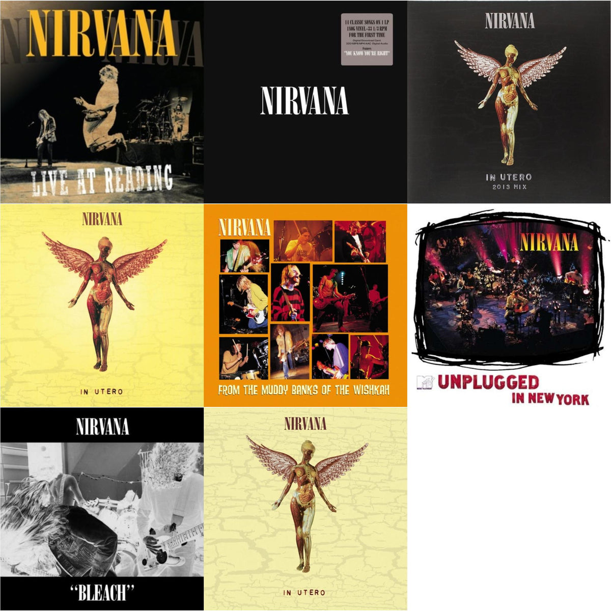 This is a 8 LP Vinyl SKU bundle.
1.This LP Vinyl is brand new.Format: LP VinylMusic Style: GrungeThis item's title is: BleachArtist: NirvanaLabel: SUBPOPBarcode: 098787003413Release Date: 10/1/1993
2.This LP Vinyl is brand new.