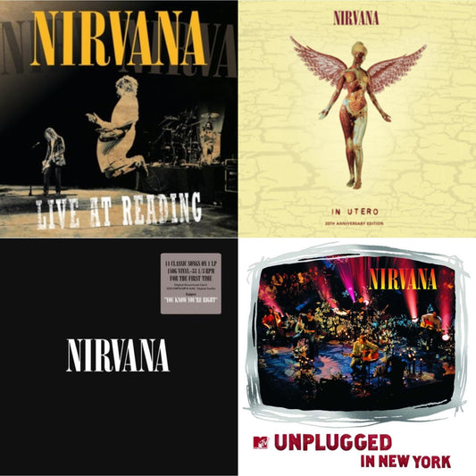 This is a 4 LP Vinyl SKU bundle.
1.This LP Vinyl is brand new.Format: LP VinylMusic Style: EurodanceThis item's title is: Live At ReadingArtist: NirvanaLabel: GEFFENBarcode: 602527212173Release Date: 12/21/2009
2.This LP Vinyl is brand new.
