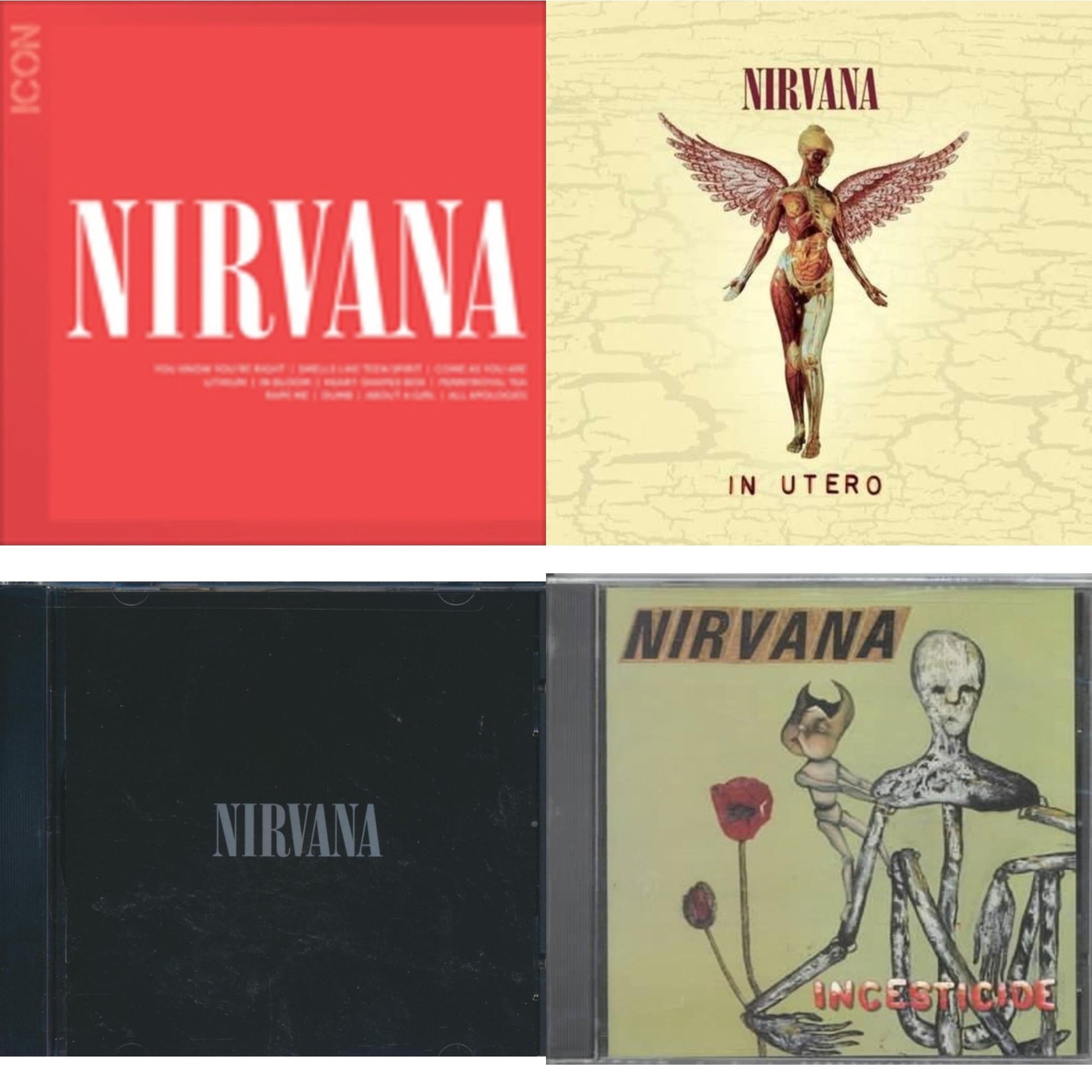 This is a 4 CD SKU bundle.
1.This CD is brand new.Format: CDMusic Style: GrungeThis item's title is: IconArtist: NirvanaLabel: GEFFENBarcode: 602527473260Release Date: 8/31/2010
2.This CD is brand new.