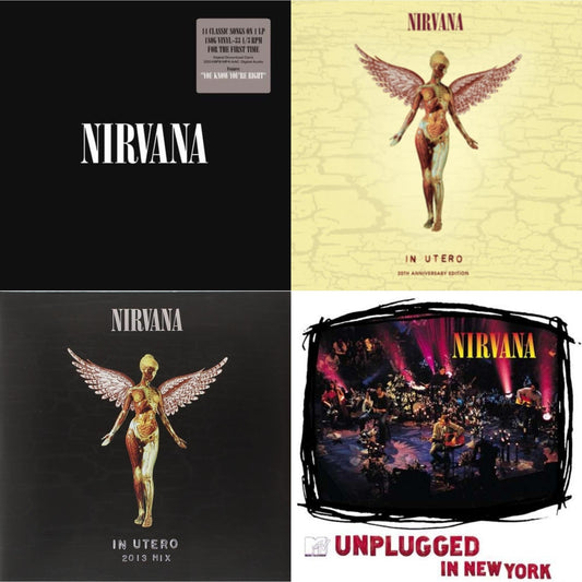 This is a 4 LP Vinyl SKU bundle.
1.This LP Vinyl is brand new.Format: LP VinylMusic Style: GrungeThis item's title is: In UteroArtist: NirvanaLabel: Universal Music GroupBarcode: 602537483464Release Date: 9/24/2013
2.This LP Vinyl is brand new.